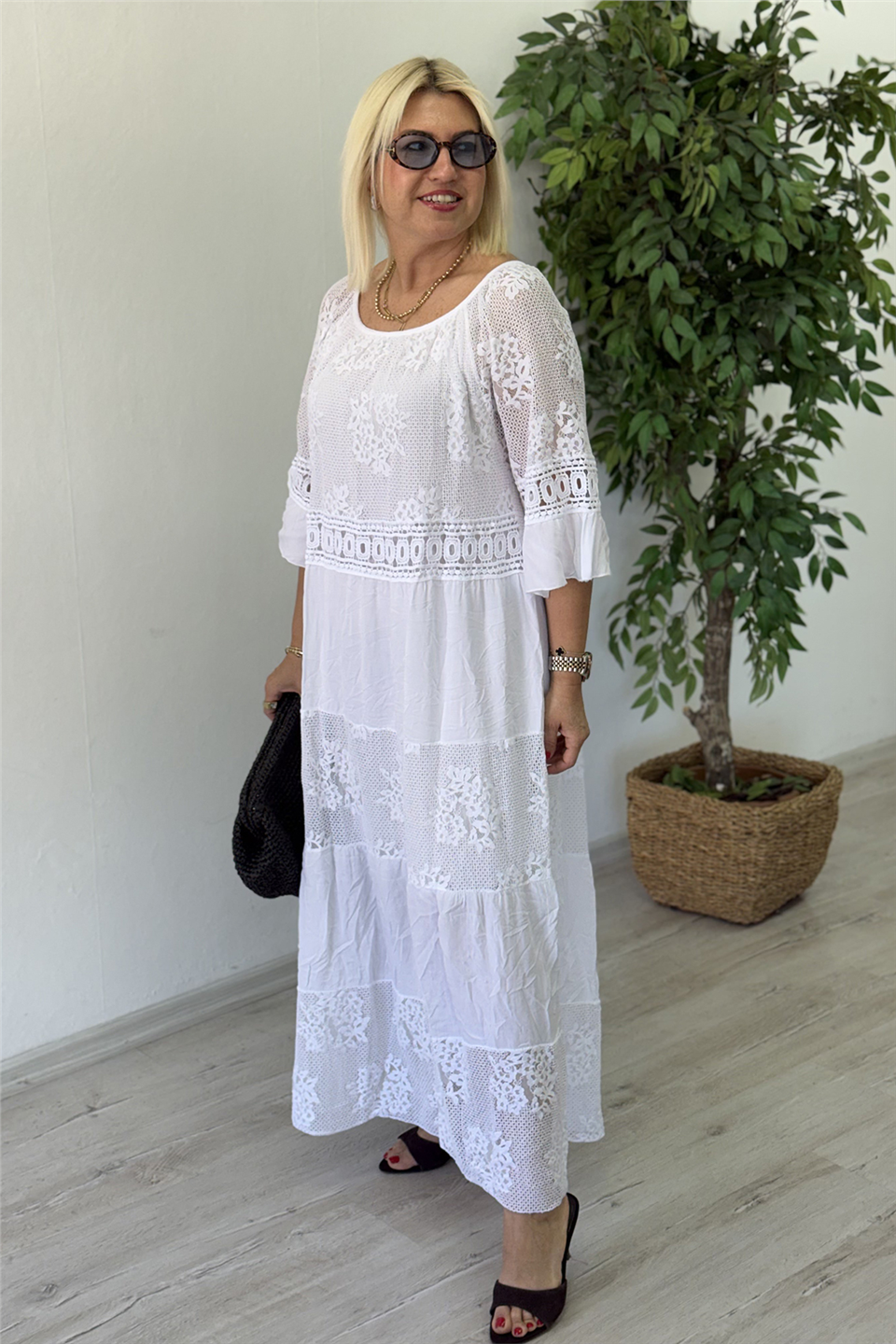 Beyaz file dantelli uzun ithal elbiseELB26001029-BEYAZ-STD