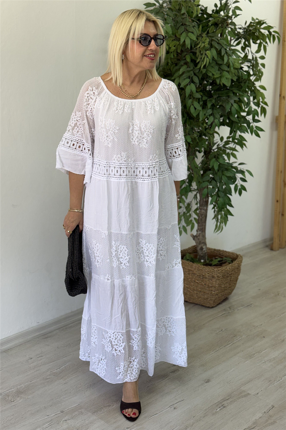 Beyaz file dantelli uzun ithal elbiseELB26001029-BEYAZ-STD
