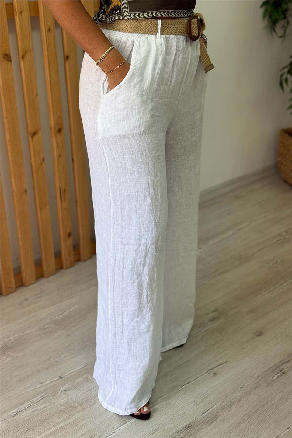 Beyaz Hasır Kemerli Bol Paça Keten PantolonAPNT20250987-BEYAZ-STD
