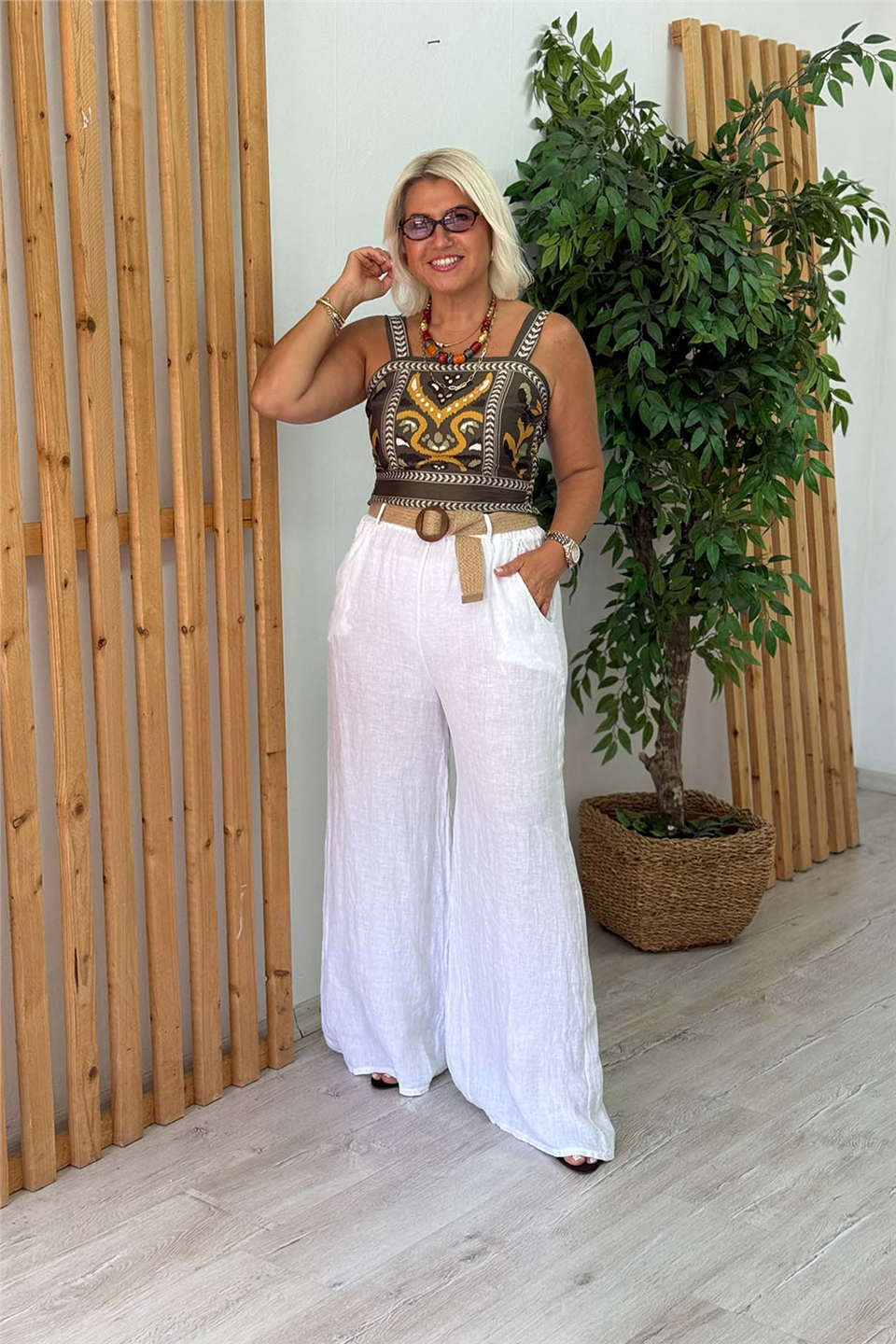 Beyaz Hasır Kemerli Bol Paça Keten PantolonAPNT20250987-BEYAZ-STD