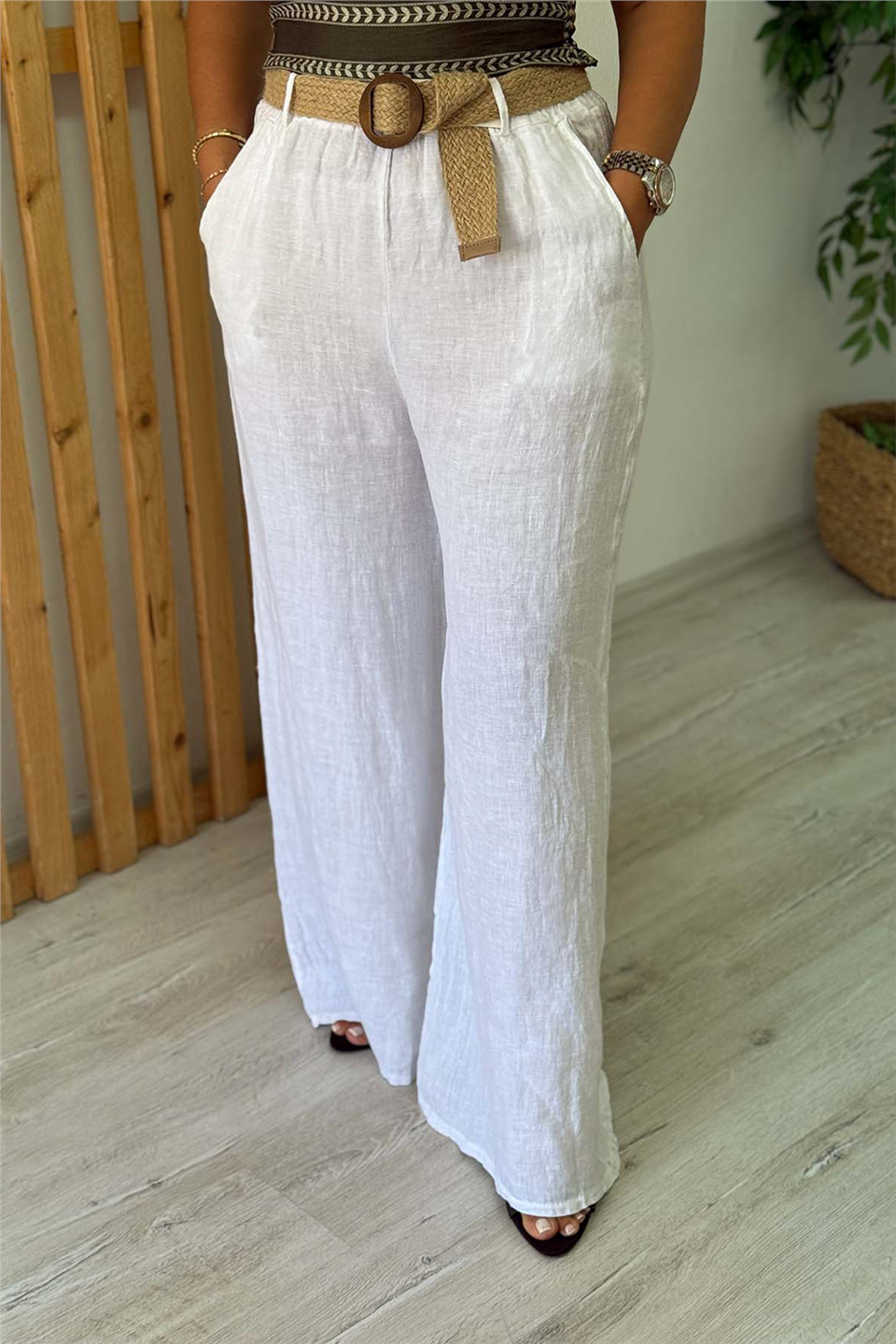 Beyaz Hasır Kemerli Bol Paça Keten PantolonAPNT20250987-BEYAZ-STD