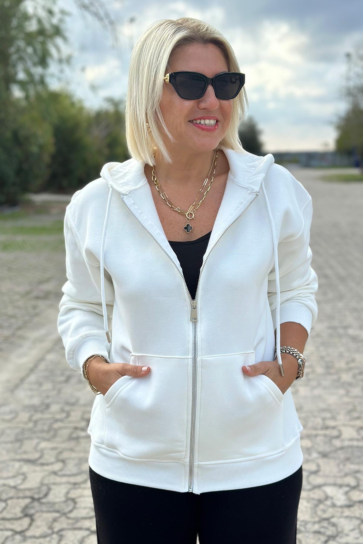 Beyaz Kapşonlu Kanguru Cep Sweat HırkaUK2250146-BEYAZ-S