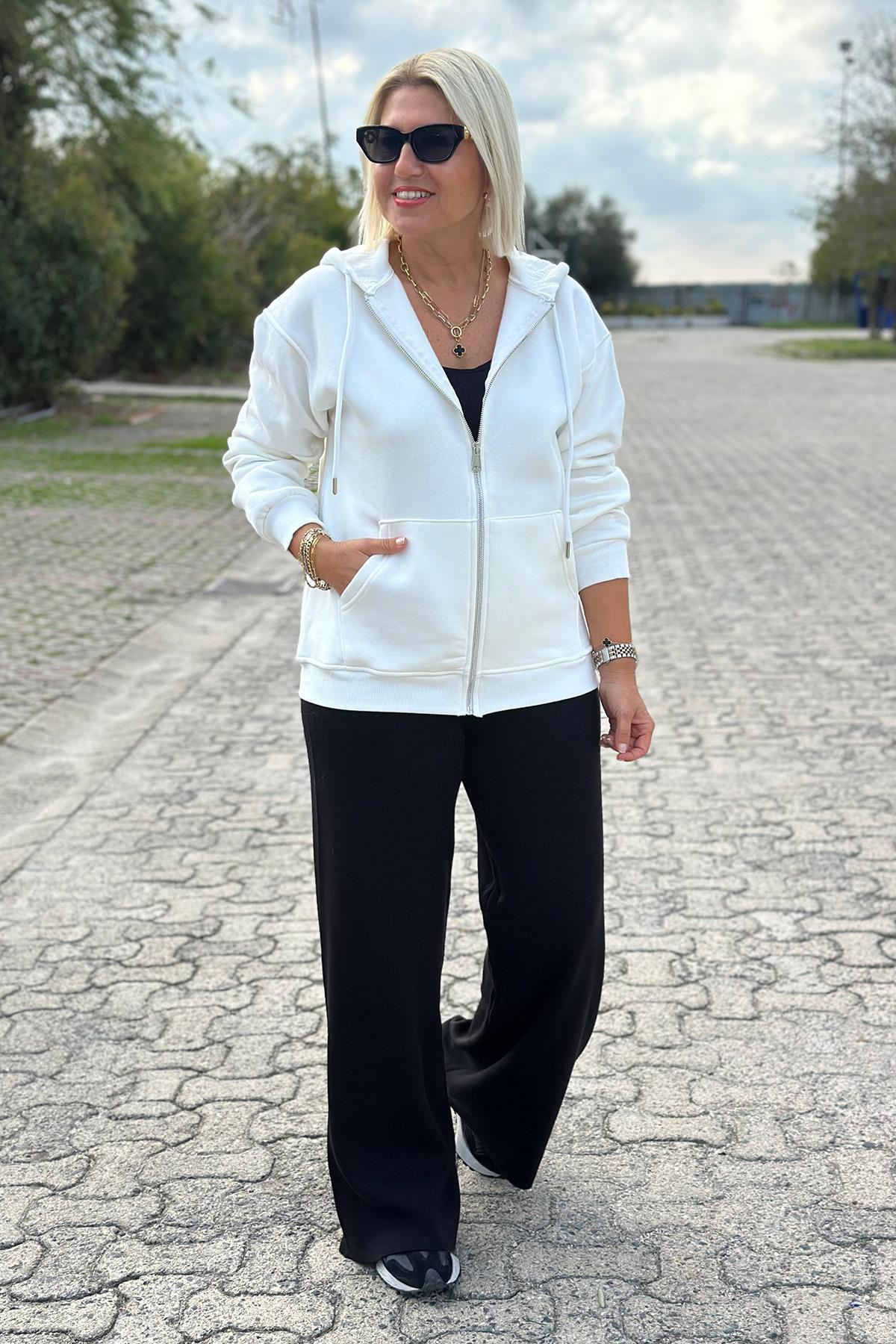 Beyaz Kapşonlu Kanguru Cep Sweat HırkaUK2250146-BEYAZ-S