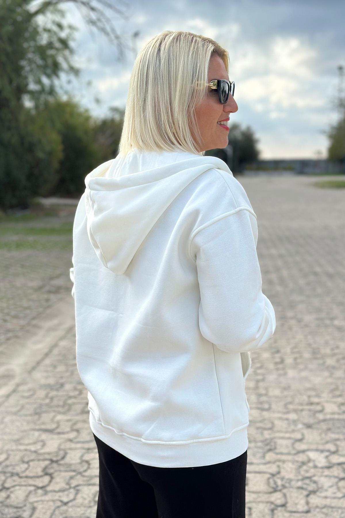 Beyaz Kapşonlu Kanguru Cep Sweat HırkaUK2250146-BEYAZ-S