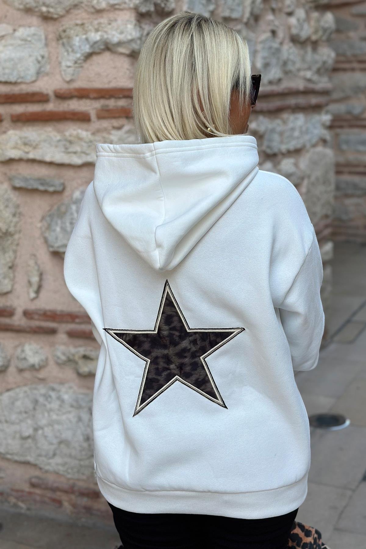 Beyaz Kapüşonlu Yıldız Nakışlı Kanguru Cep SweatshirtUK2250137-BEYAZ-S
