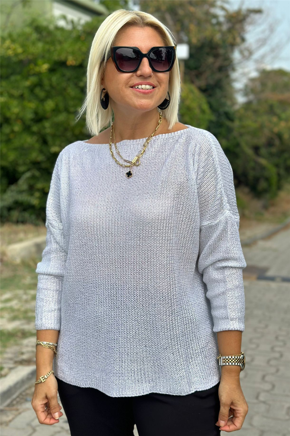 Beyaz Kayık Yaka Varak Baskılı TrikoUK228020227-BEYAZ-STD