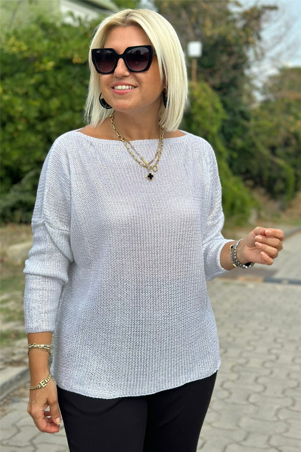 Beyaz Kayık Yaka Varak Baskılı TrikoUK228020227-BEYAZ-STD