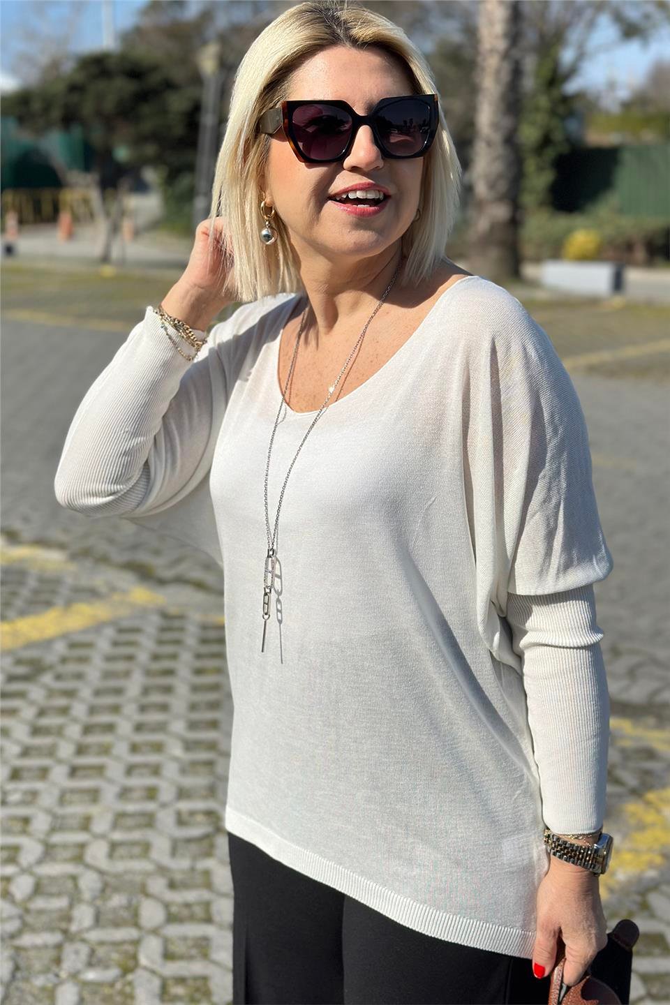 Beyaz Kayık Yaka Yarasa Kol İnce TrikoUT24110975-BEYAZ-STD