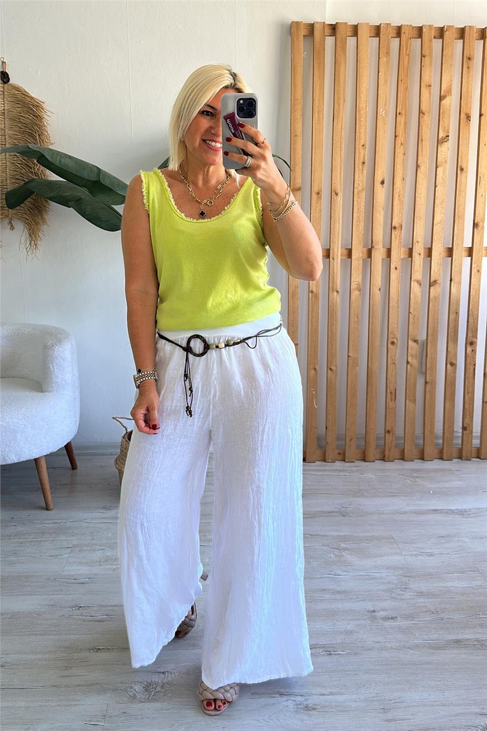 Beyaz Kemer Detay Yüksek Bel Bol Paça Keten PantolonUK224048132-BEYAZ-STD
