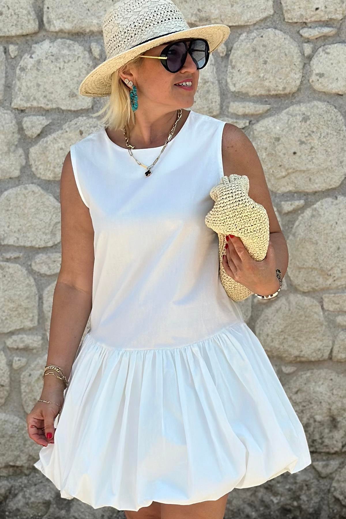 Beyaz Kolsuz Balon Etek Mini ElbiseELB2401287-BEYAZ-S