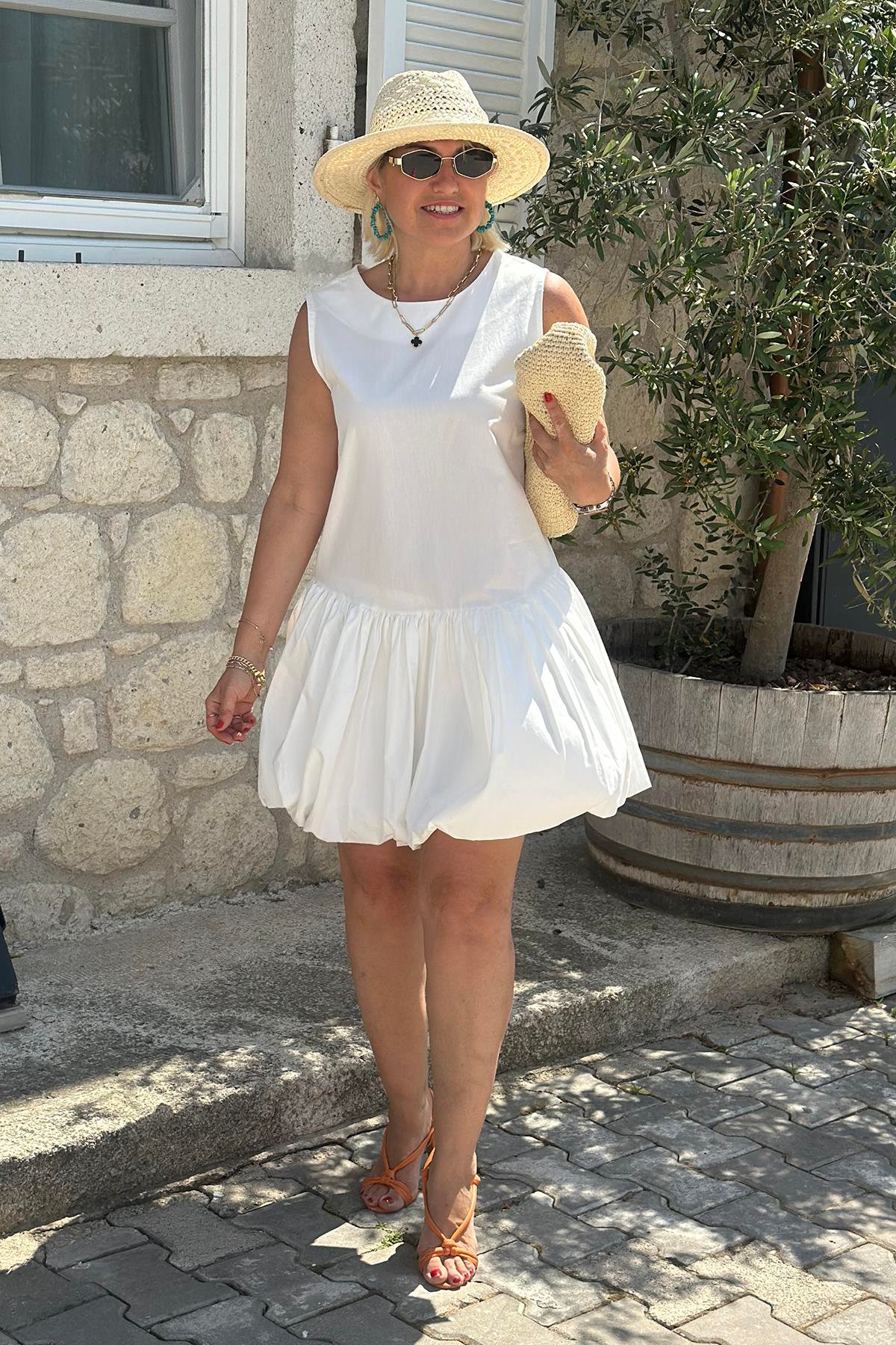 Beyaz Kolsuz Balon Etek Mini ElbiseELB2401287-BEYAZ-S