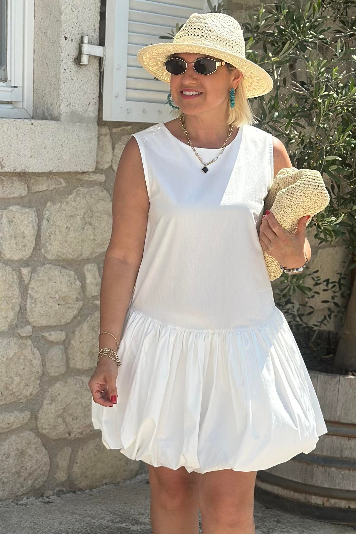 Beyaz Kolsuz Balon Etek Mini ElbiseELB2401287-BEYAZ-S