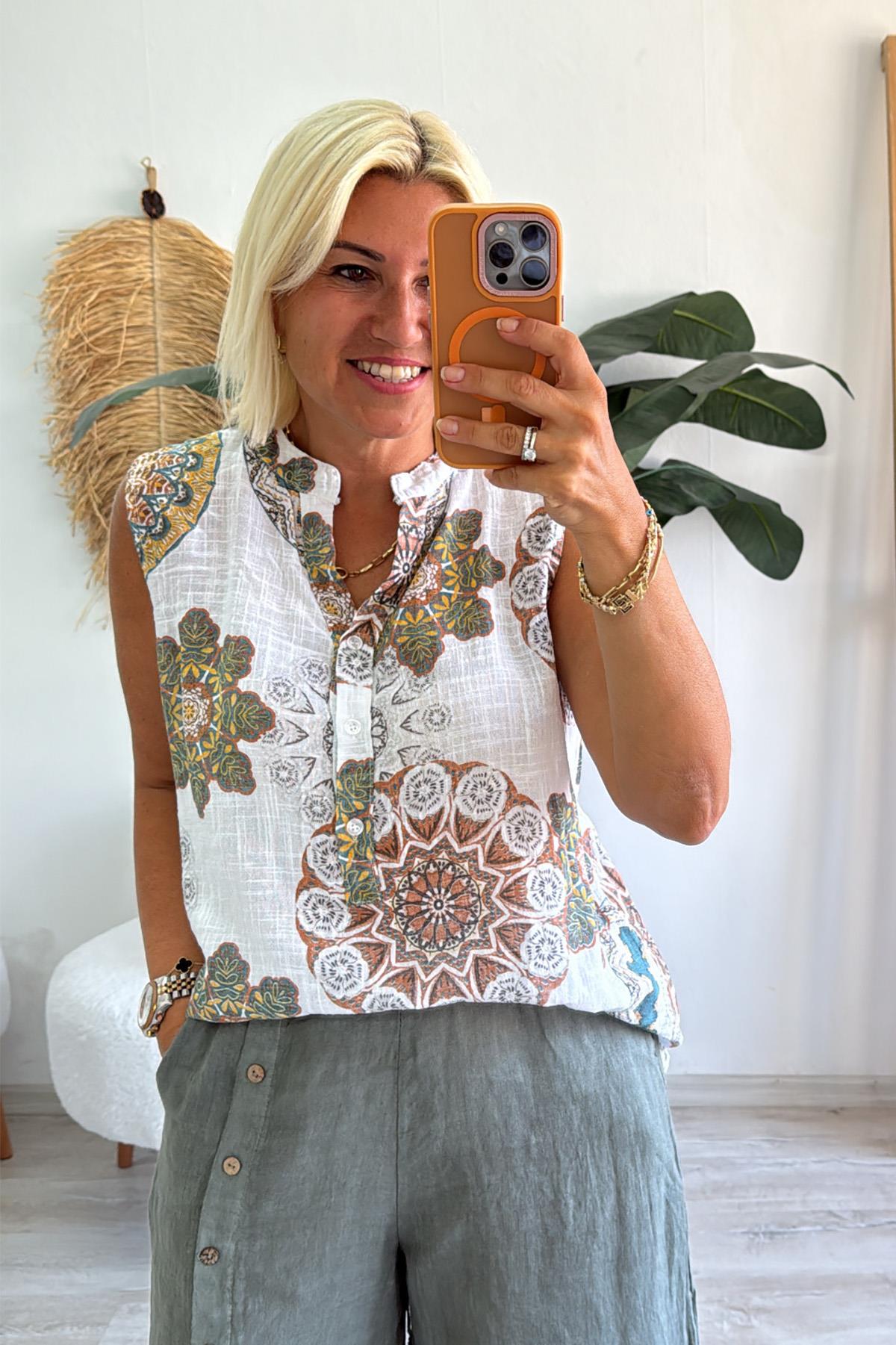 Beyaz Kolsuz Mandala Desen Pamuk GömlekUG02412126-BEYAZ-STD
