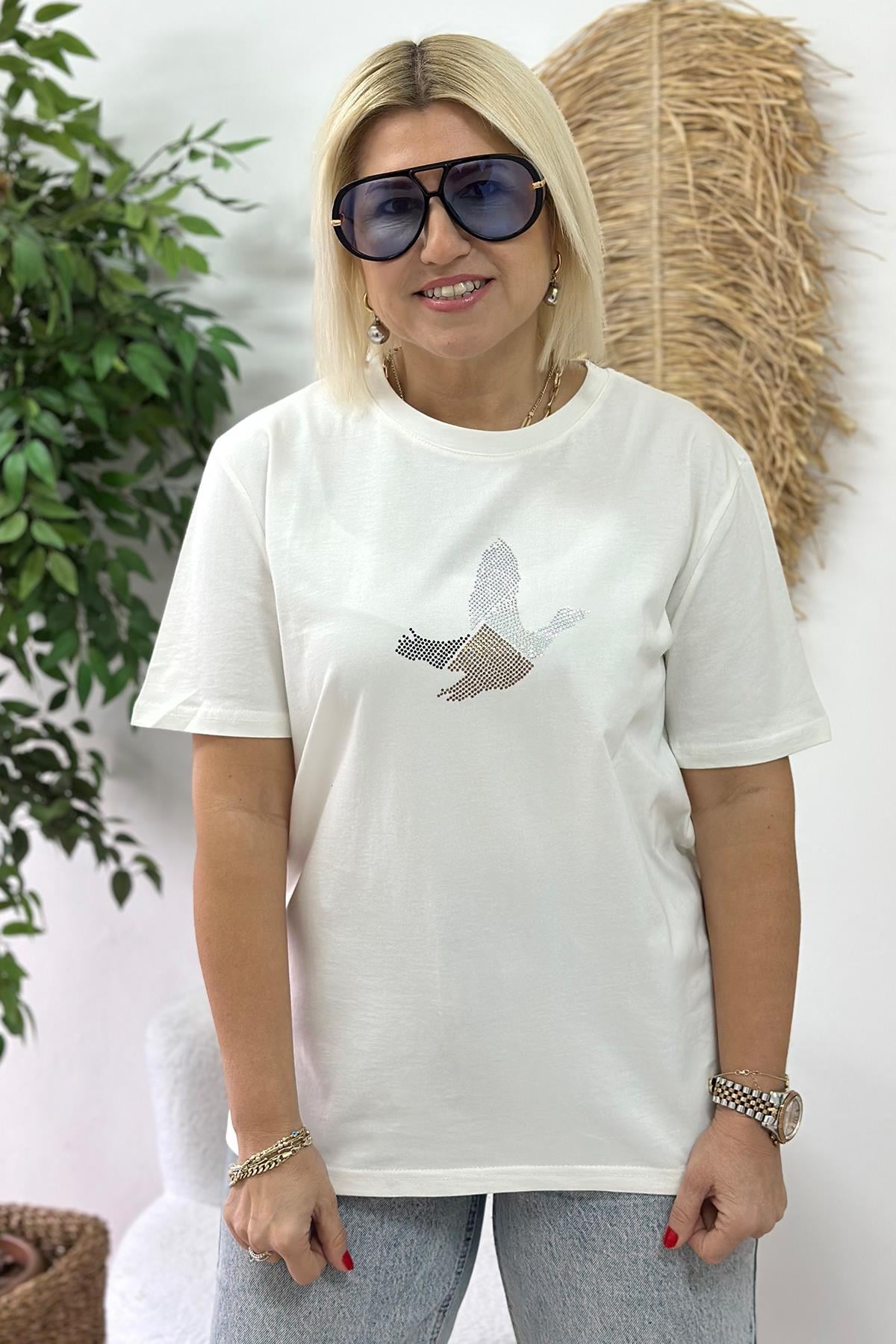 Beyaz Kuş İşlemeli Çift Renk Baskı TshirtUTS25002054-BEYAZ-S