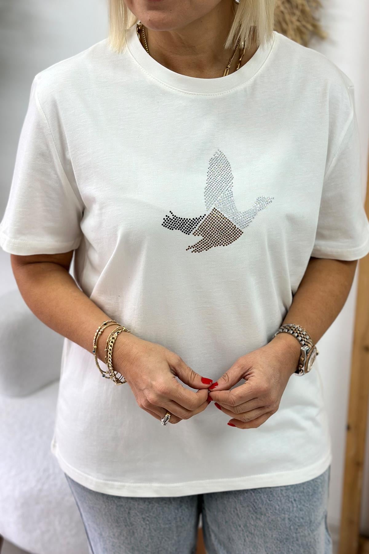 Beyaz Kuş İşlemeli Çift Renk Baskı TshirtUTS25002054-BEYAZ-S