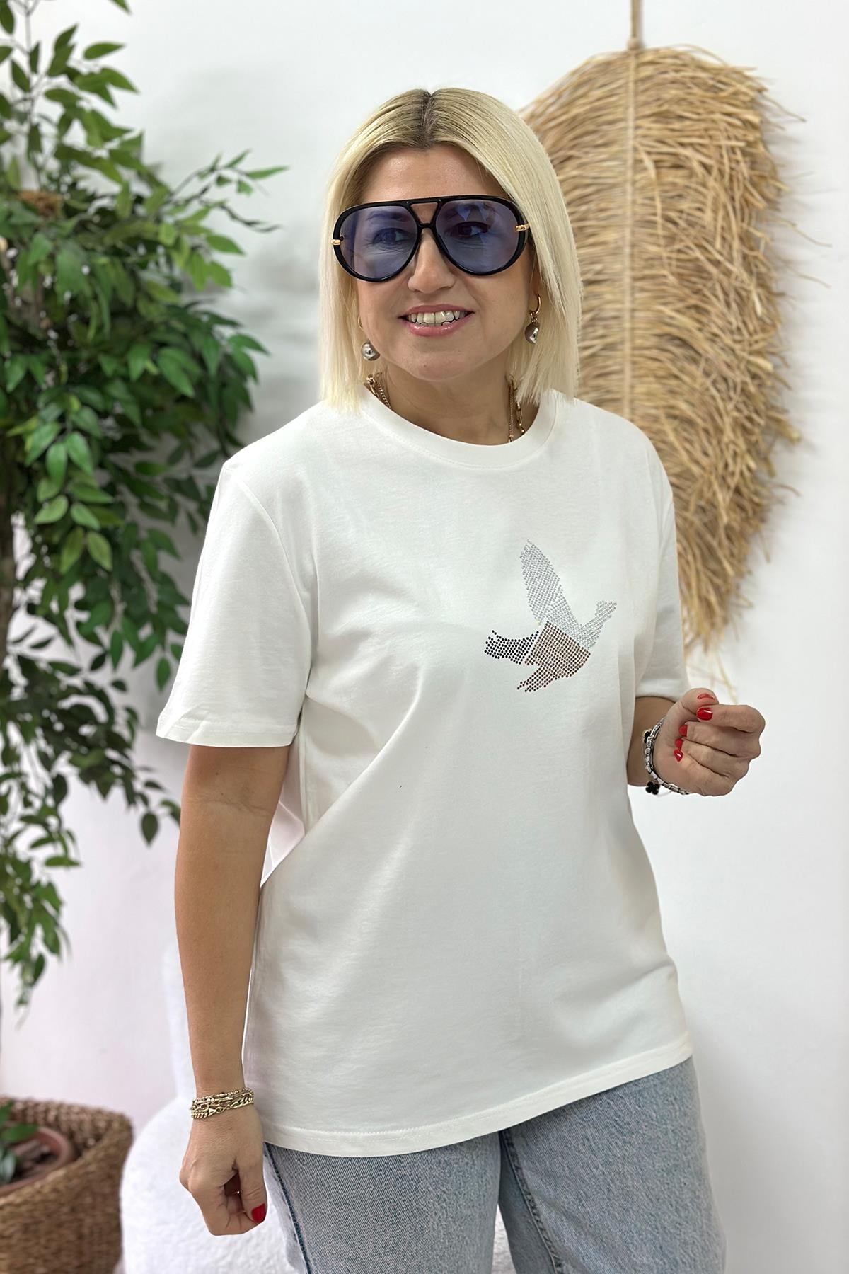 Beyaz Kuş İşlemeli Çift Renk Baskı TshirtUTS25002054-BEYAZ-S