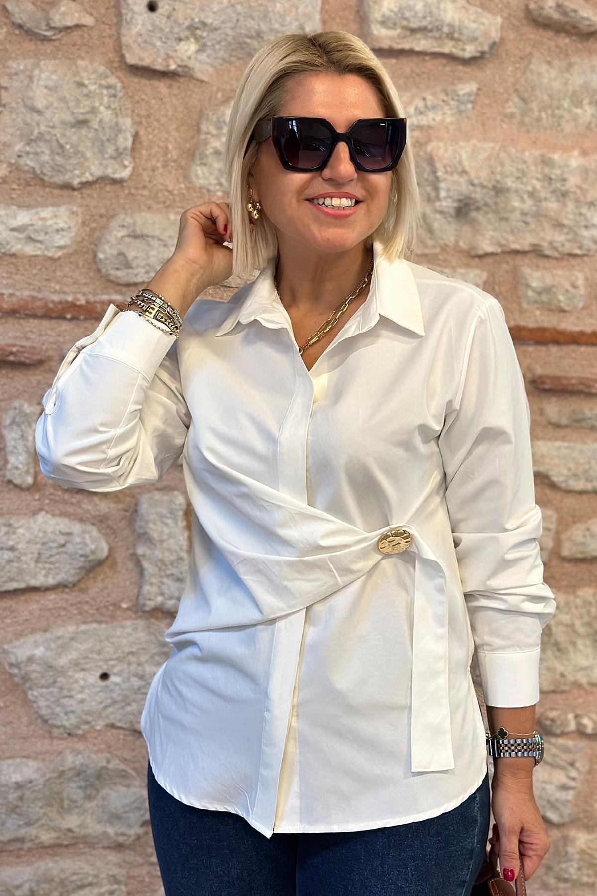 Beyaz Kuşak Düğmeli Cotton GömlekUK2240182-BEYAZ-S