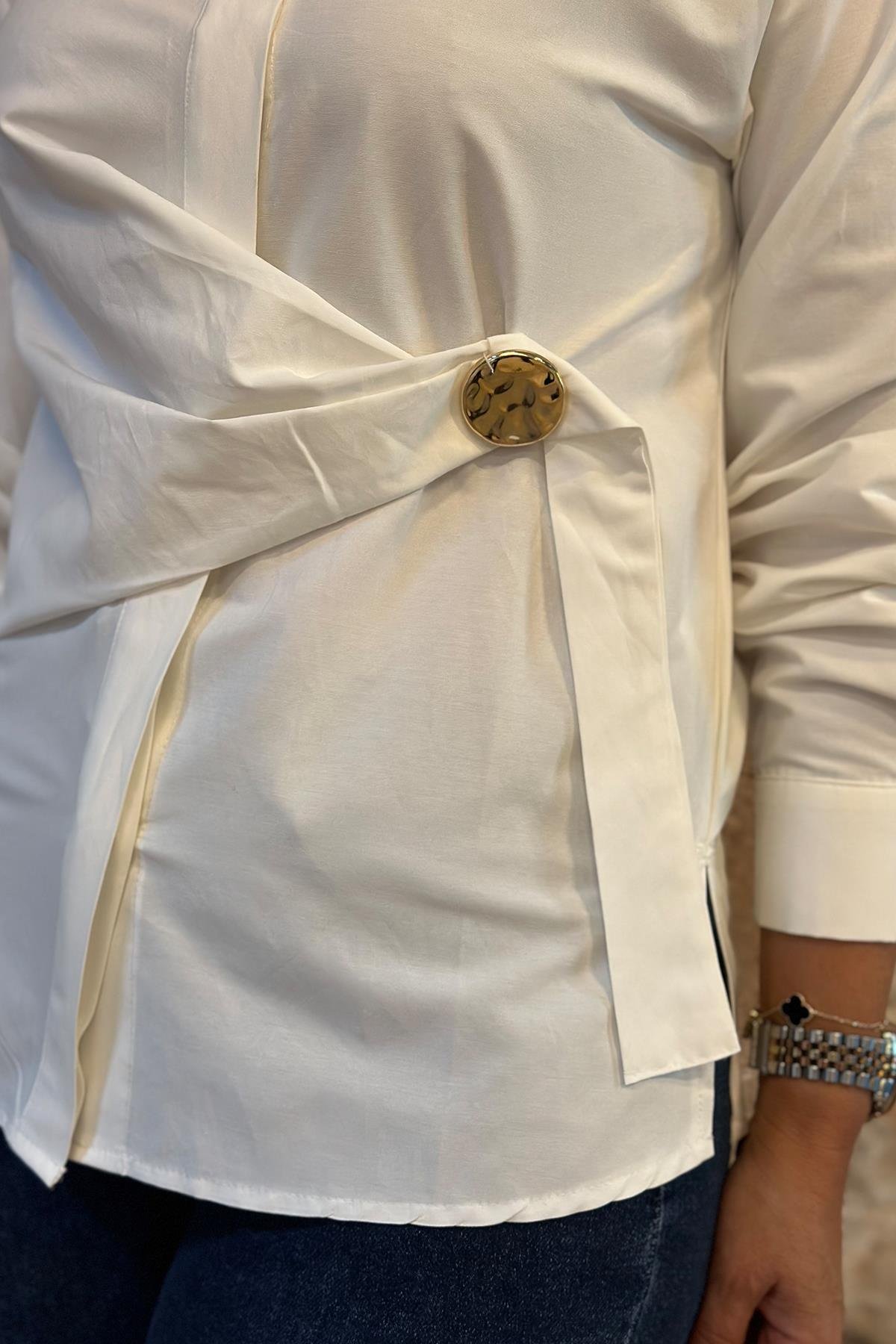 Beyaz Kuşak Düğmeli Cotton GömlekUK2240182-BEYAZ-S