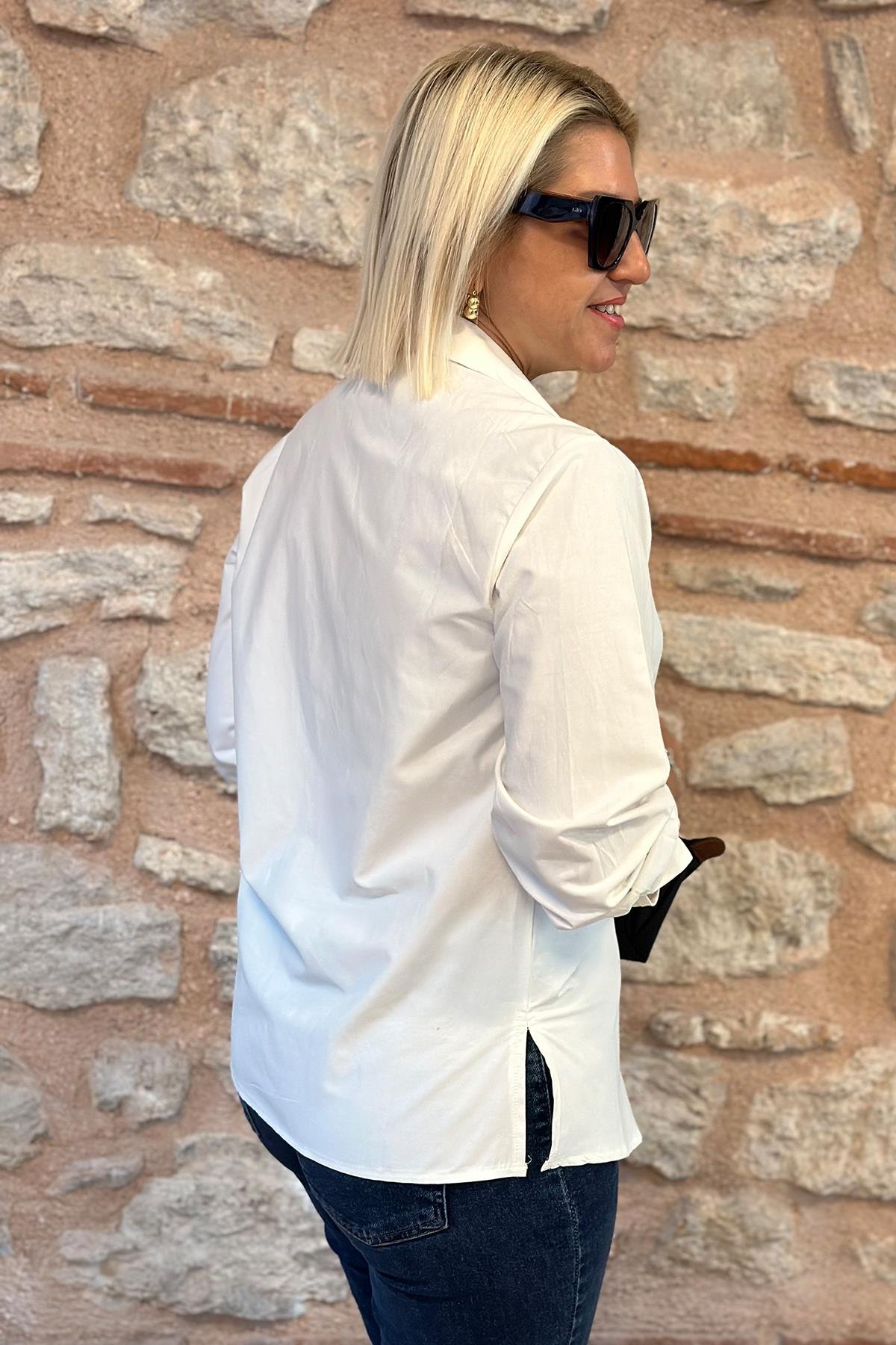 Beyaz Kuşak Düğmeli Cotton GömlekUK2240182-BEYAZ-S