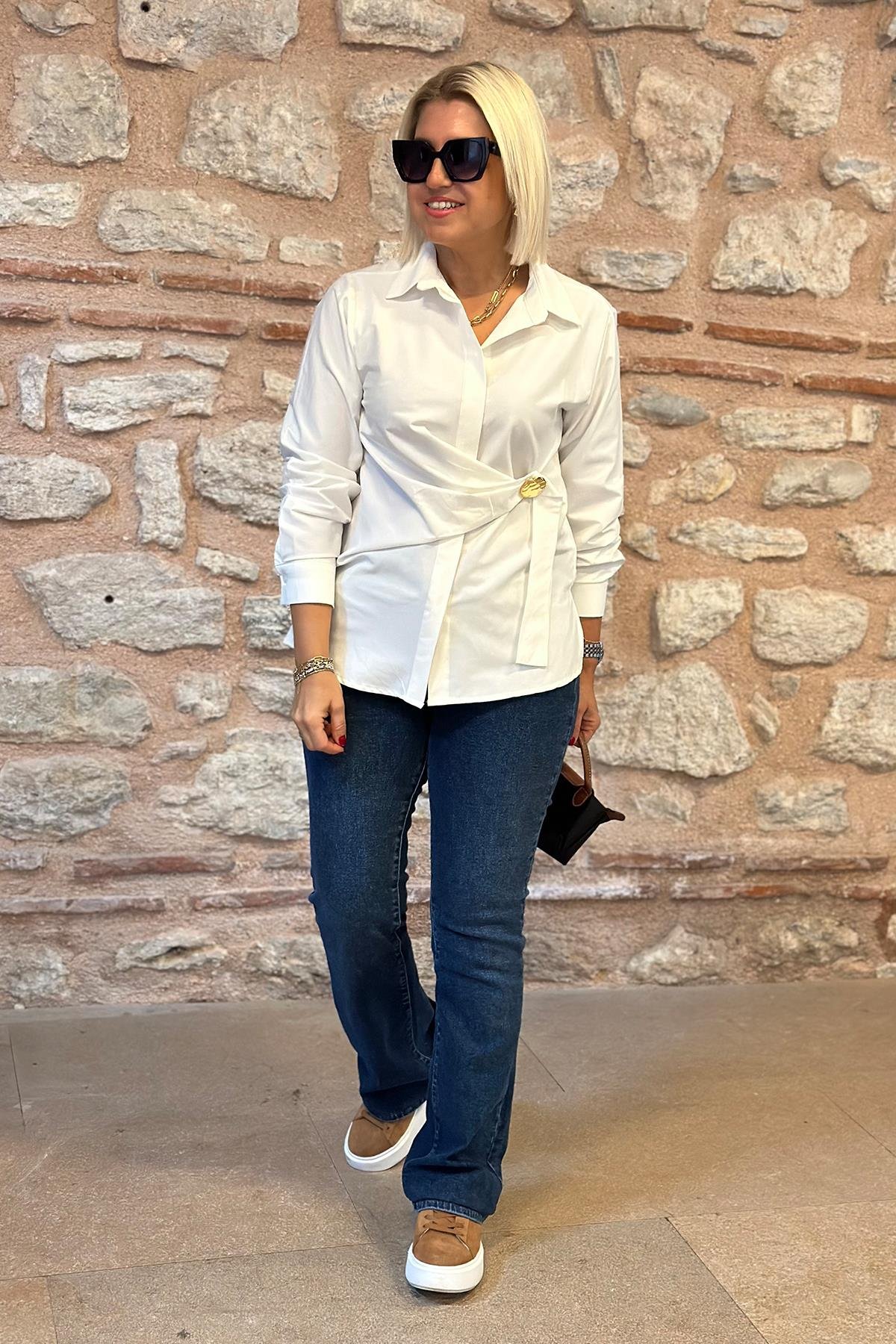 Beyaz Kuşak Düğmeli Cotton GömlekUK2240182-BEYAZ-S
