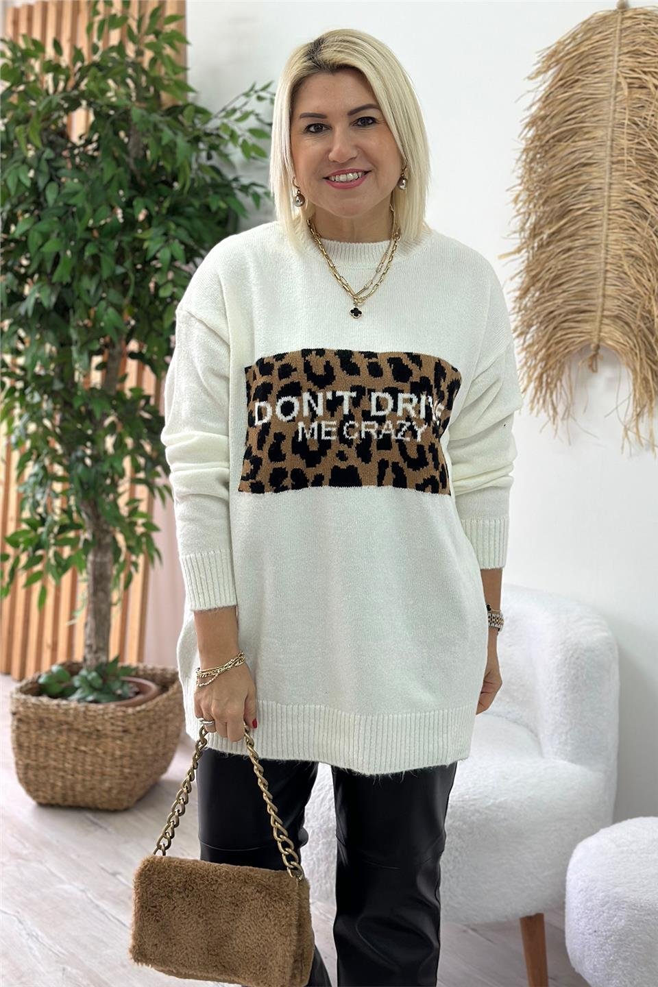 Beyaz Leopar Baskılı Tunik KazakUT24110951-BEYAZ-STD