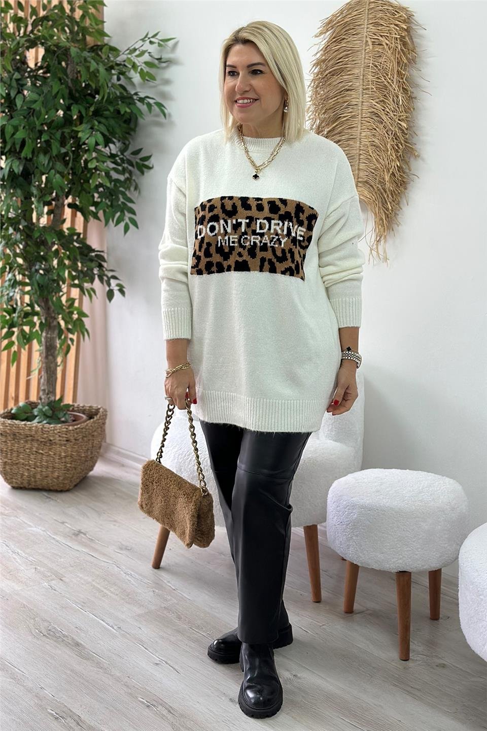 Beyaz Leopar Baskılı Tunik KazakUT24110951-BEYAZ-STD