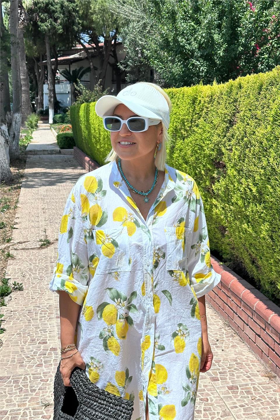 Beyaz Limon Desen İthal Gömlek ElbiseELB2401282-BEYAZ-STD