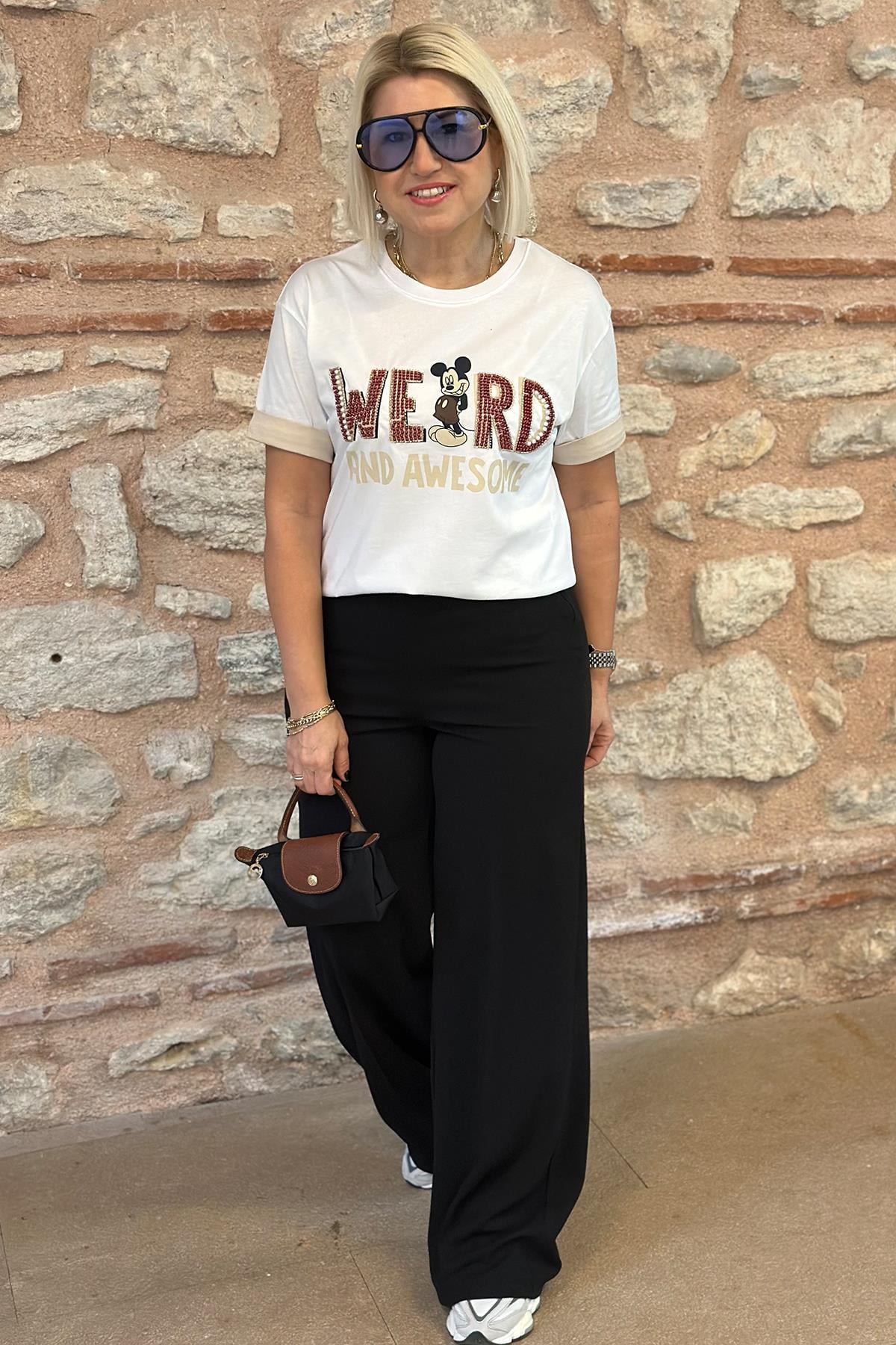 Beyaz Mickey Boncuk İşlemeli TshirtUTS25002053-BEYAZ-S