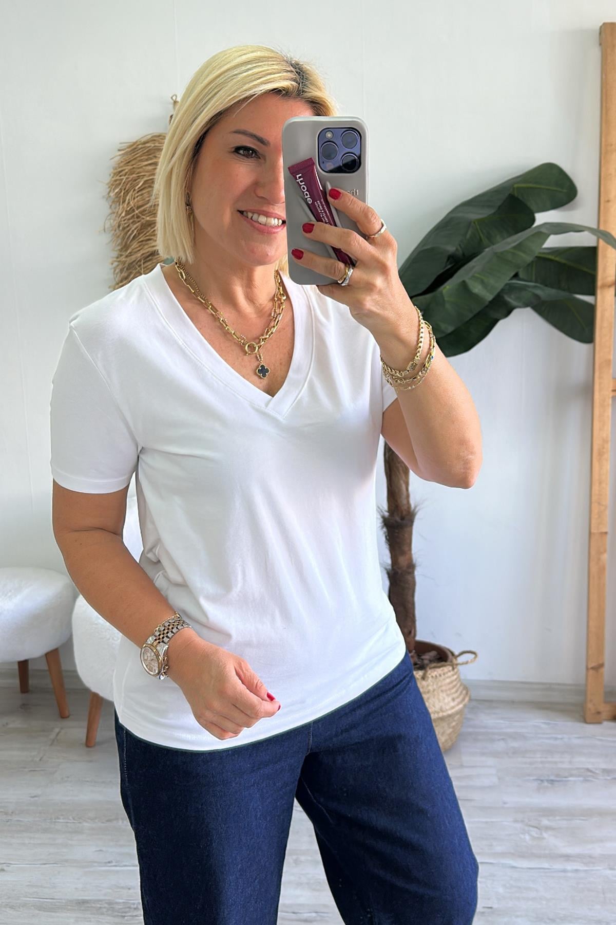 Beyaz V Yaka Basic Penye Lycralı TshirtUTS25002067-BEYAZ-S