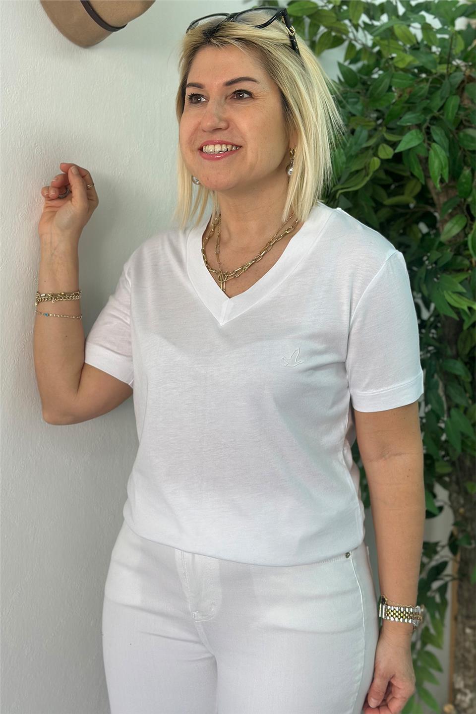 Beyaz V Yaka Cotton Armalı TshirtUTS25002059-BEYAZ-S