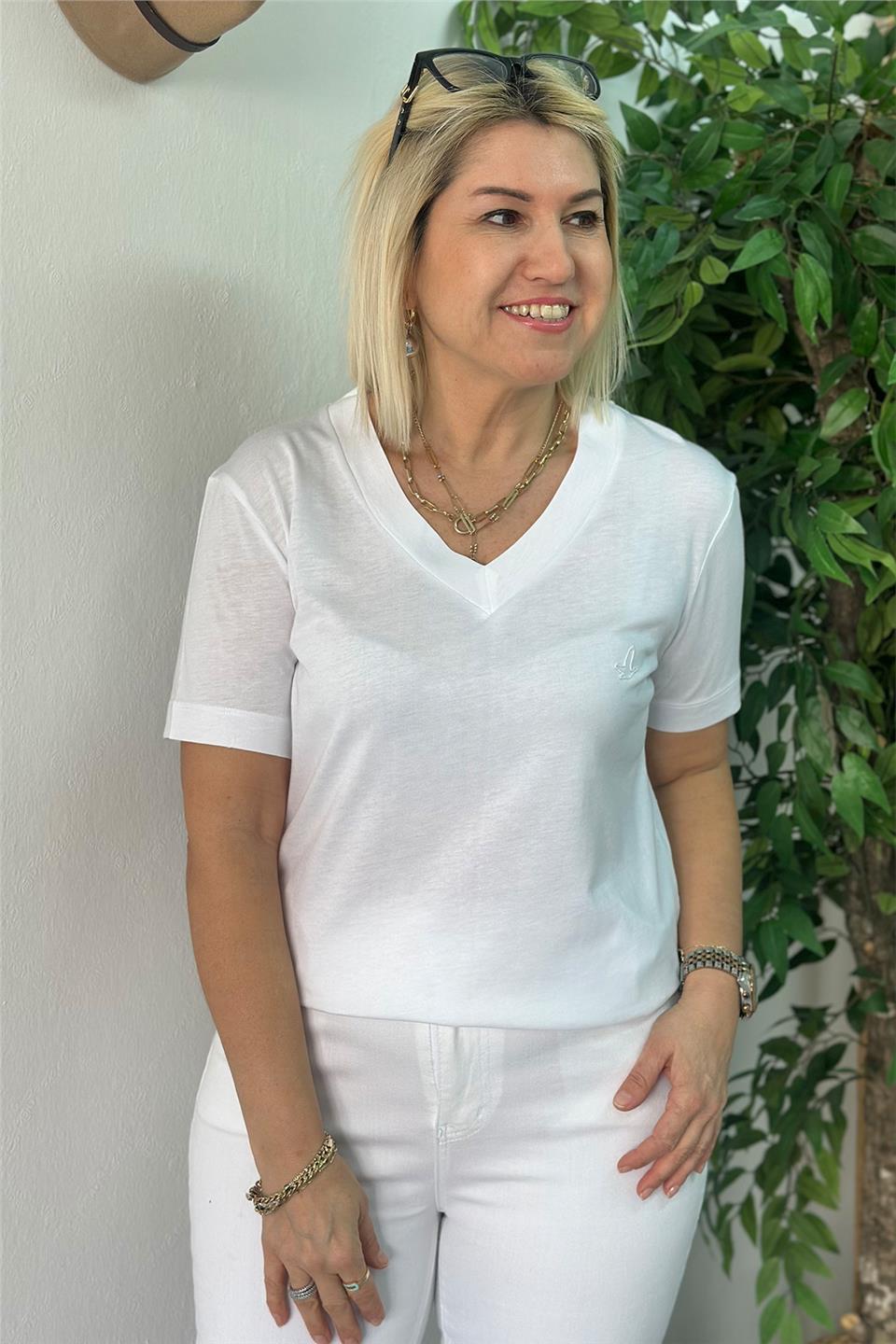 Beyaz V Yaka Cotton Armalı TshirtUTS25002059-BEYAZ-S