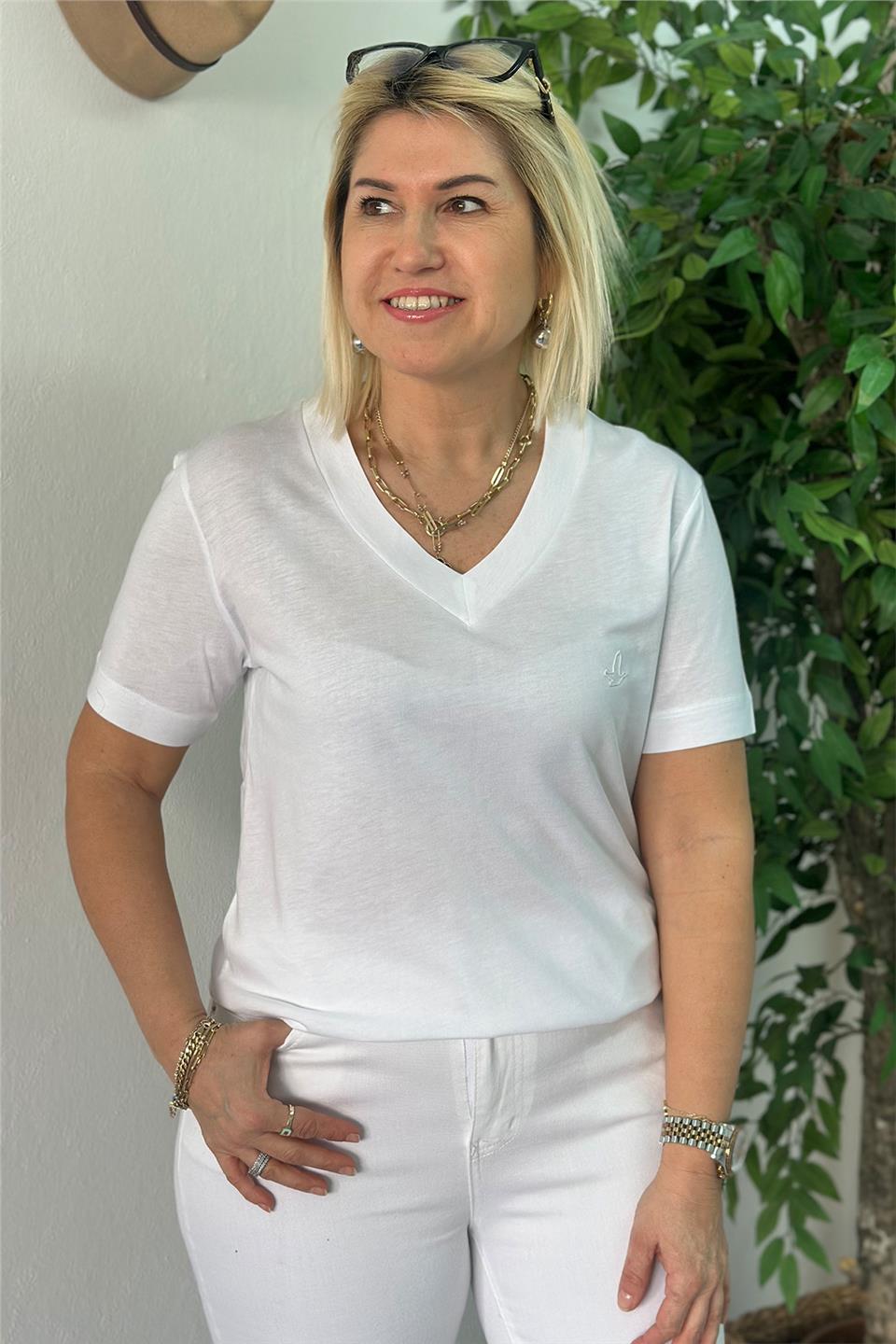 Beyaz V Yaka Cotton Armalı TshirtUTS25002059-BEYAZ-S