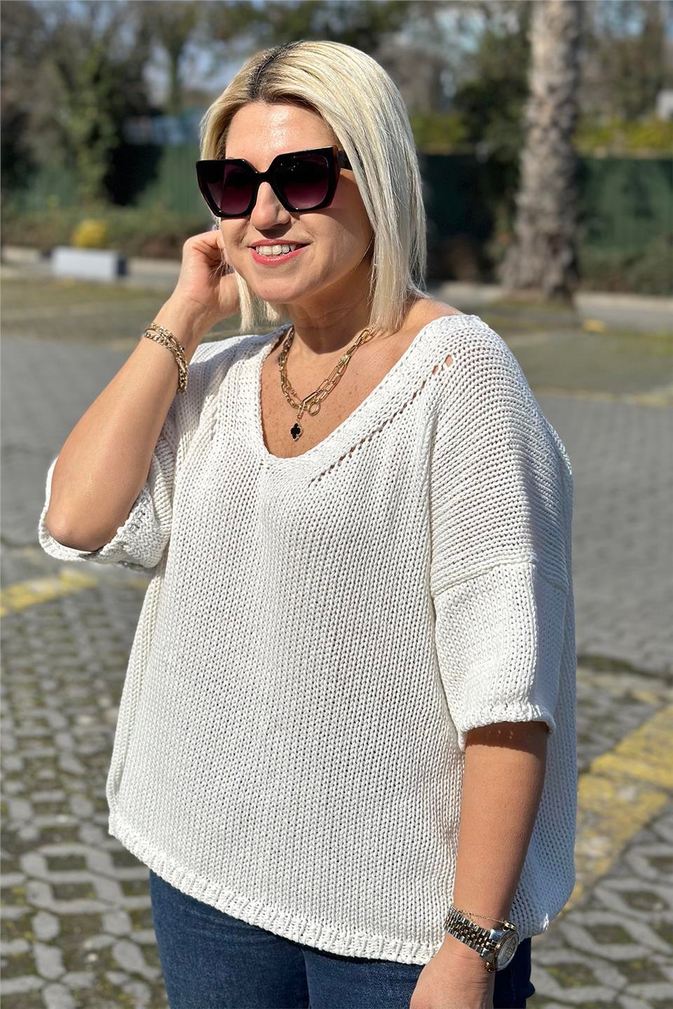 Beyaz V Yaka Salaş Örme TrikoUT24110976-BEYAZ-STD