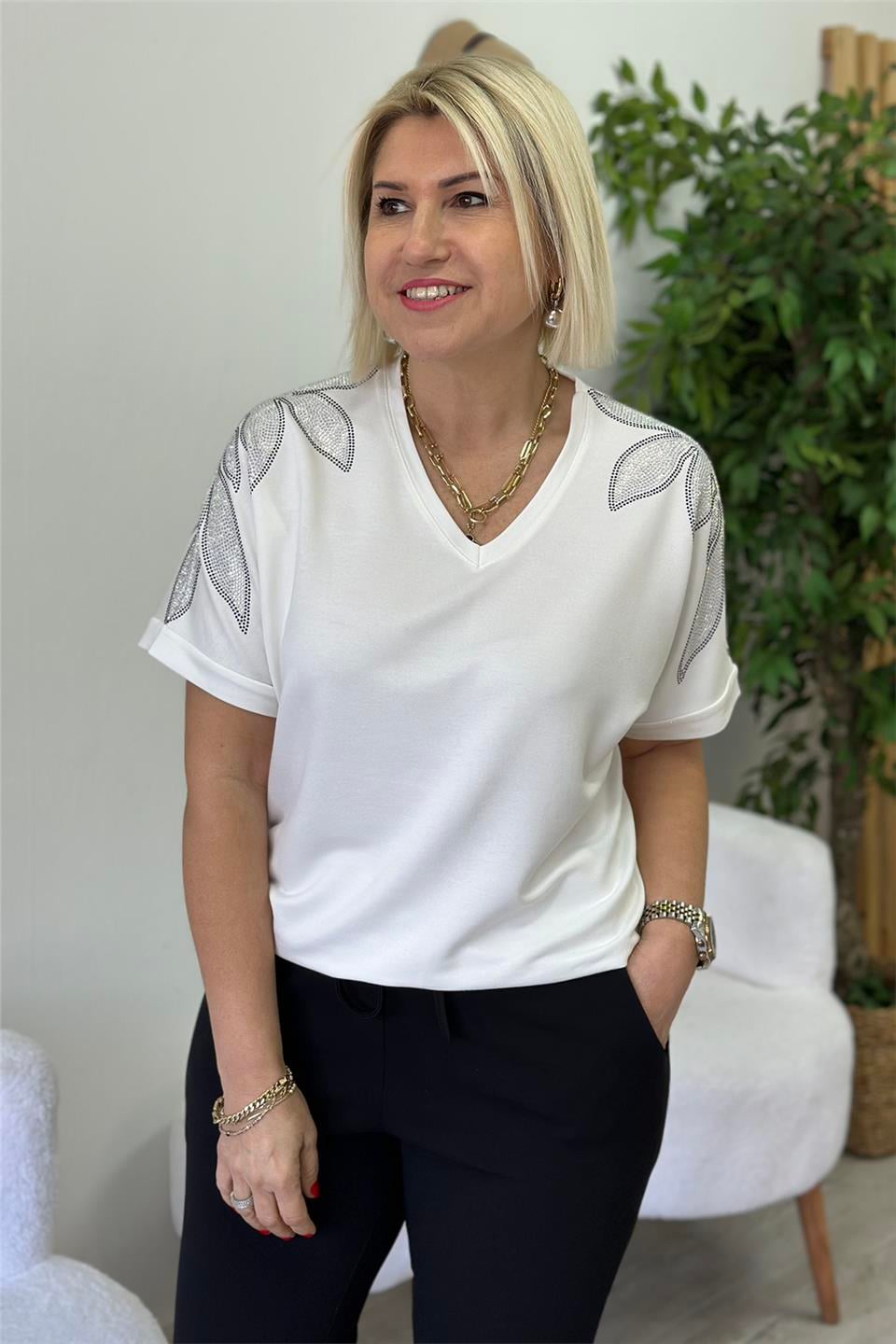 Beyaz V Yaka Yaprak Desen Taş Baskılı Penye TShirtUTS25002064-BEYAZ-M/L