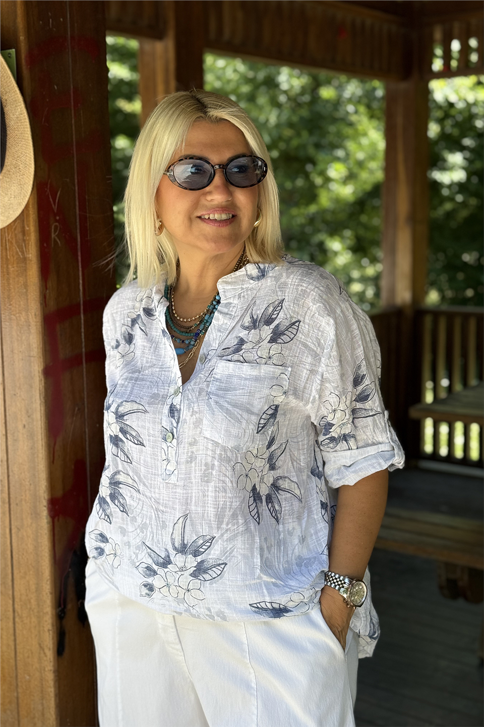 Beyaz Yasemin'in Yaprağı Desen Düğmeli GömlekGM20260043-BEYAZ-STD