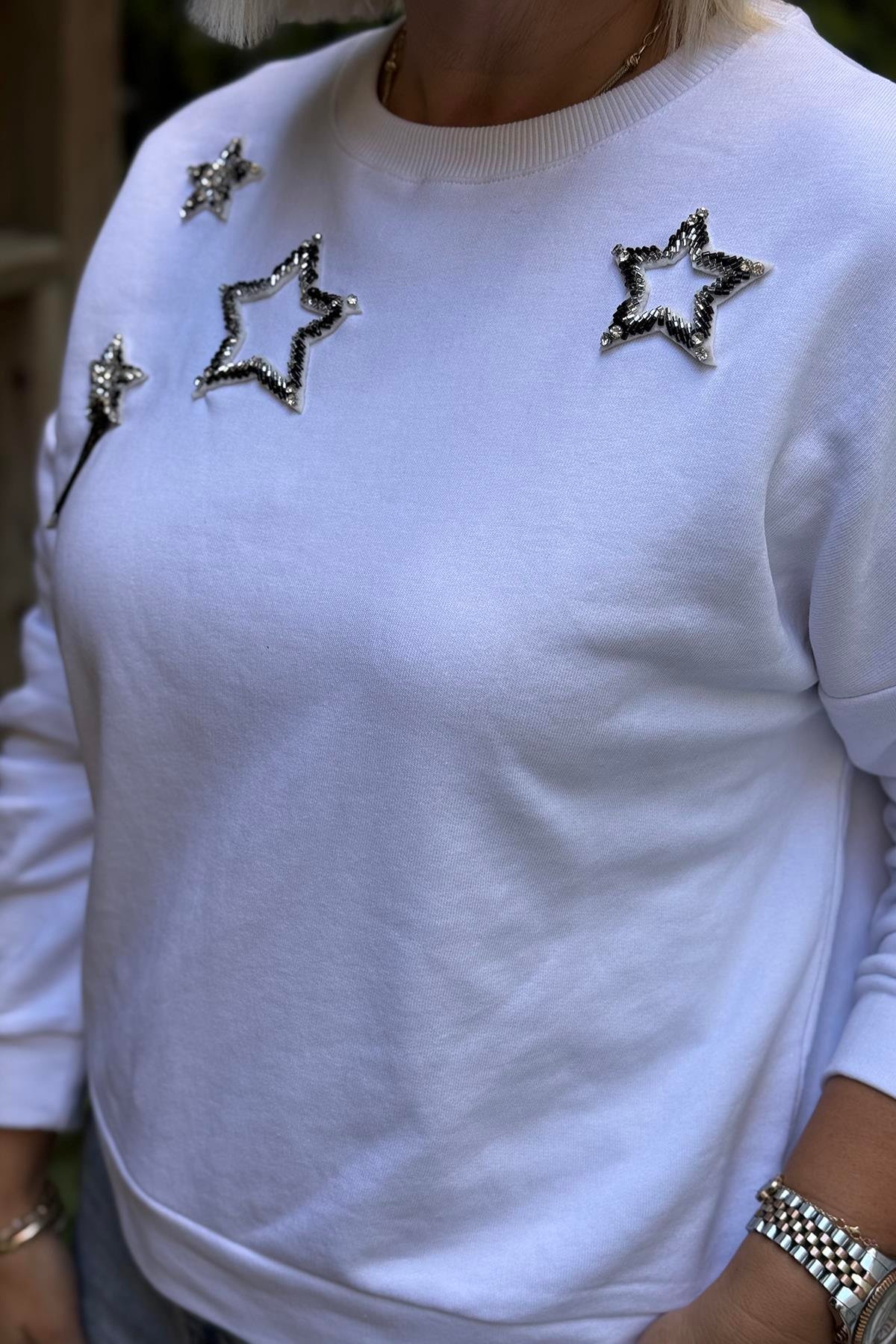 Beyaz Yıldız Nakışlı Taşlı SweatshirtUSW0243013-BEYAZ-S