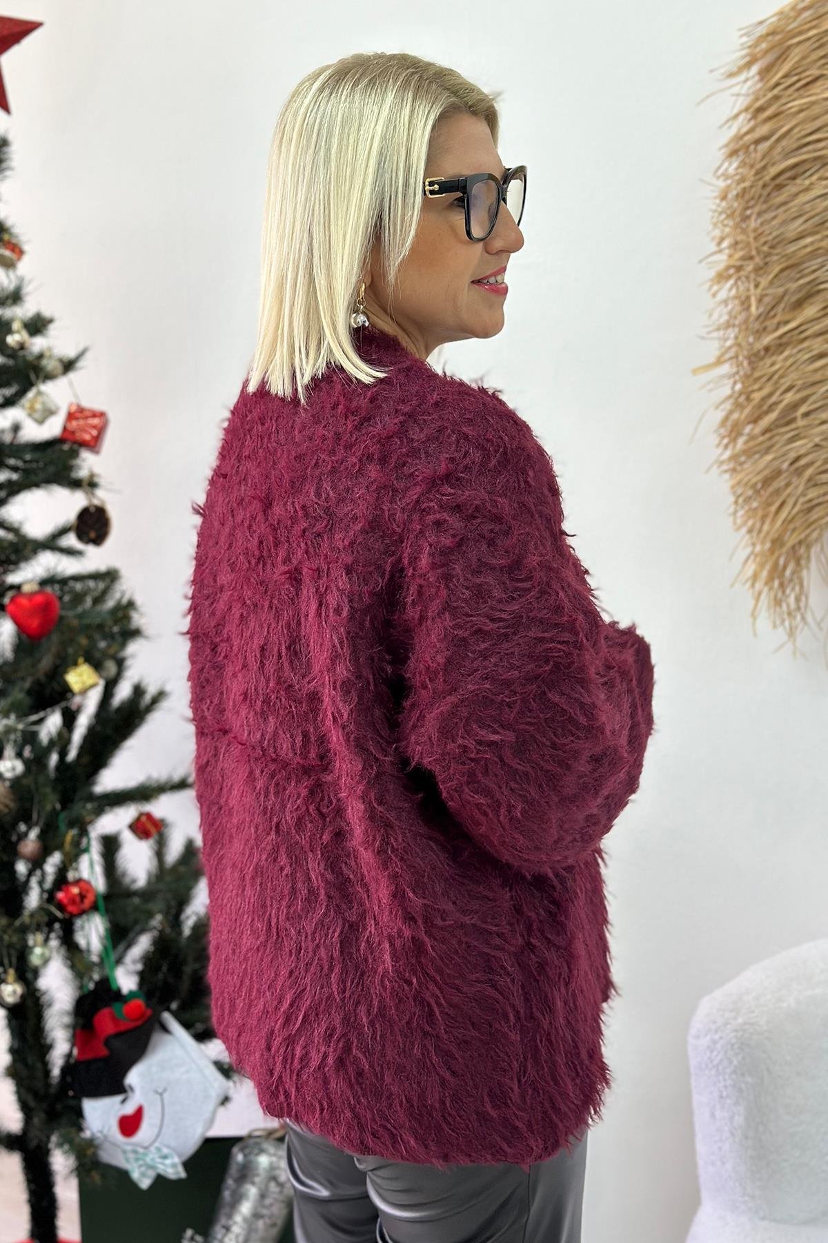 Bisiklet Yaka Bordo Angora Salaş TrikoUT24110933-BORDO-STD
