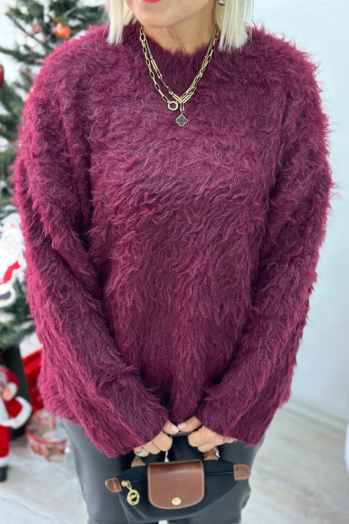 Bisiklet Yaka Bordo Angora Salaş TrikoUT24110933-BORDO-STD