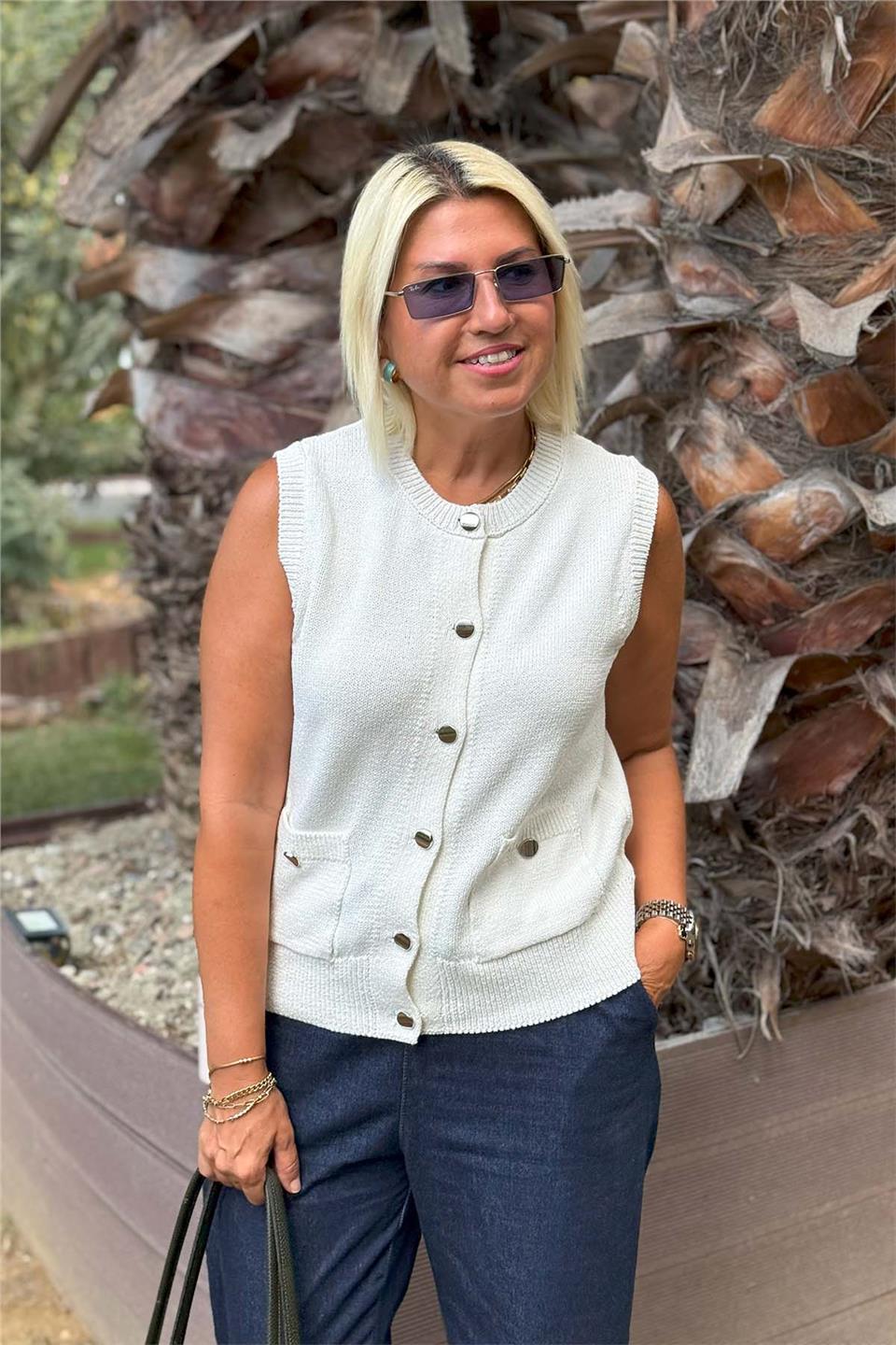 Bisiklet Yaka Düğmeli Cepli YelekDYL25000126-BEYAZ-STANDART