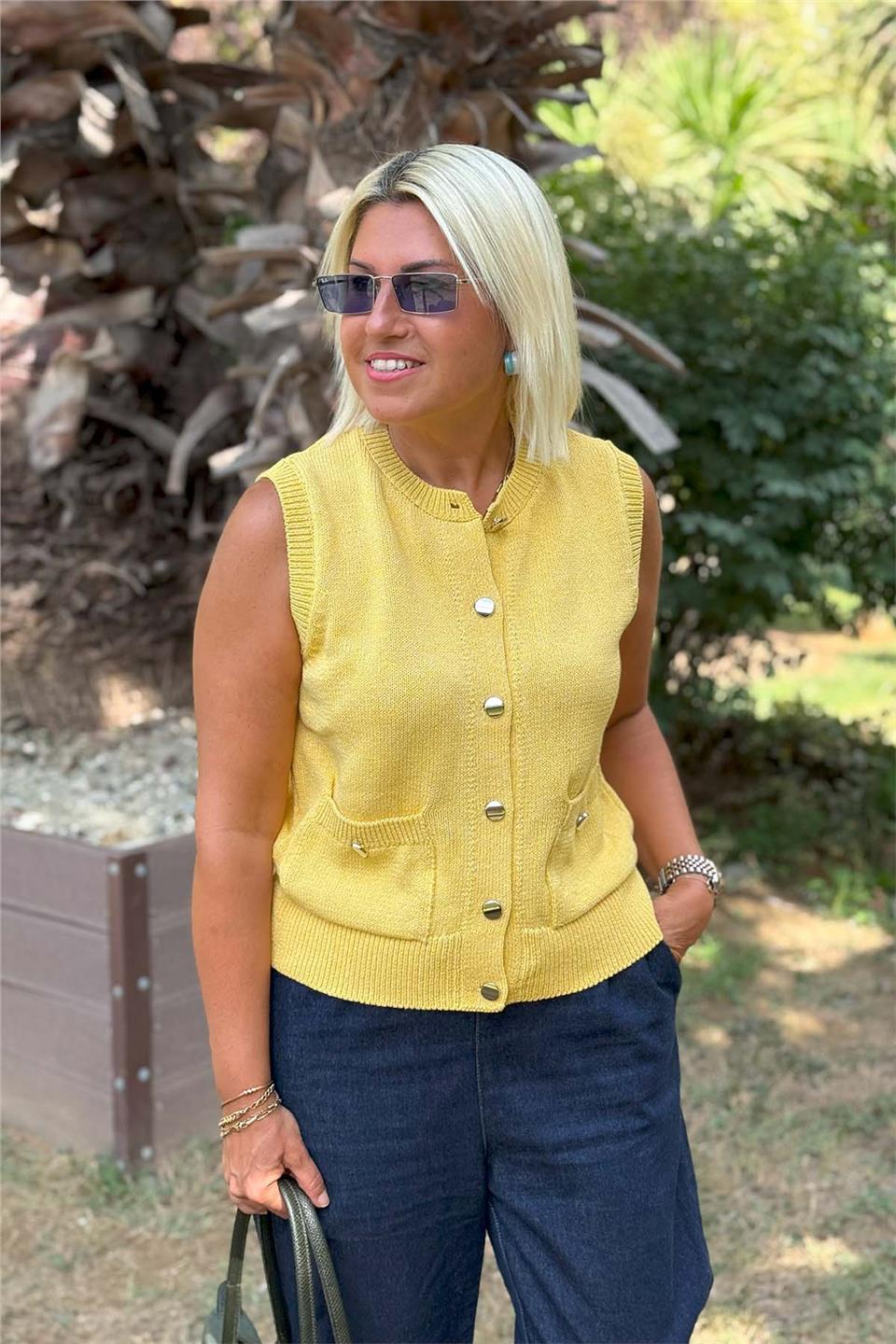 Bisiklet Yaka Düğmeli Cepli YelekDYL25000126-SARI-STANDART