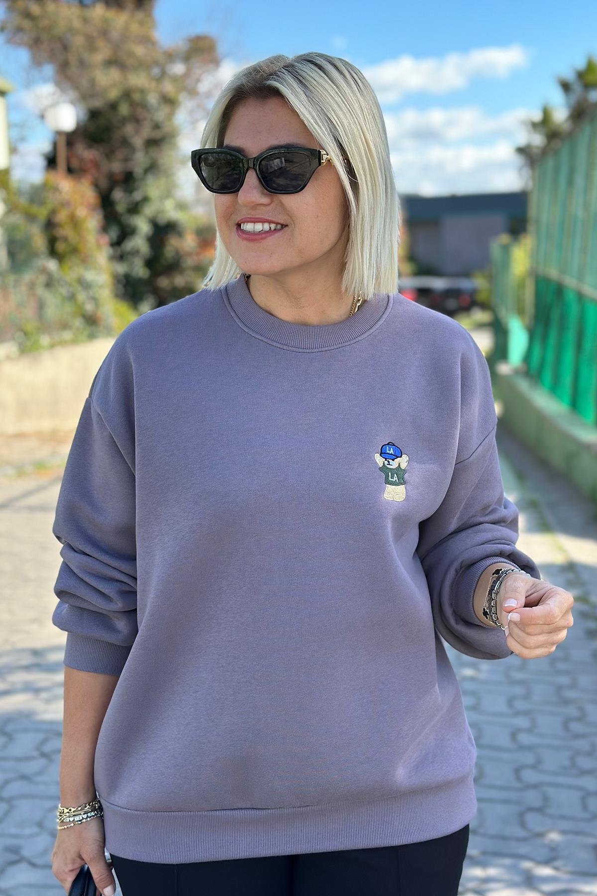 Bisiklet Yaka Teddy Nakışlı 3 İplik Şardonlu SweatshirtUK2250143-GRI-STD