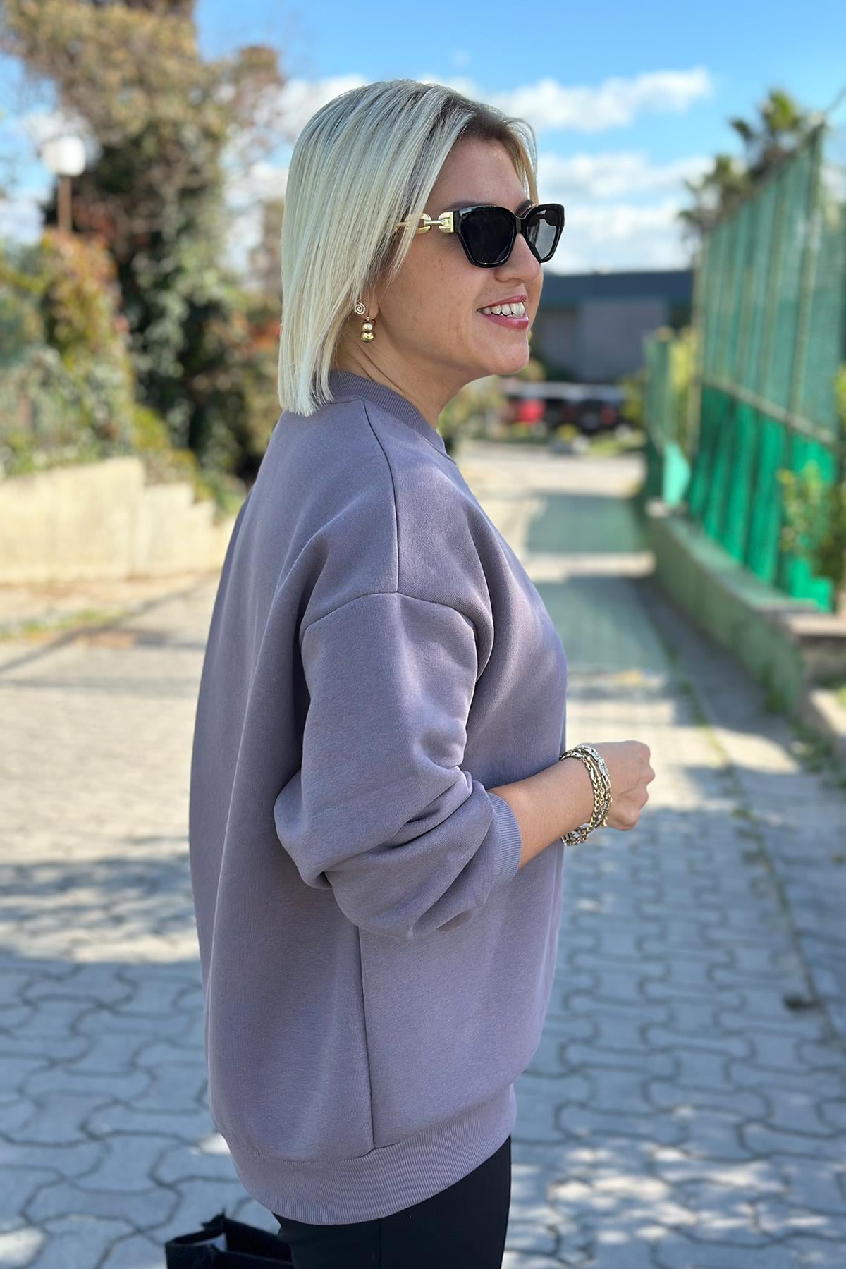 Bisiklet Yaka Teddy Nakışlı 3 İplik Şardonlu SweatshirtUK2250143-GRI-STD