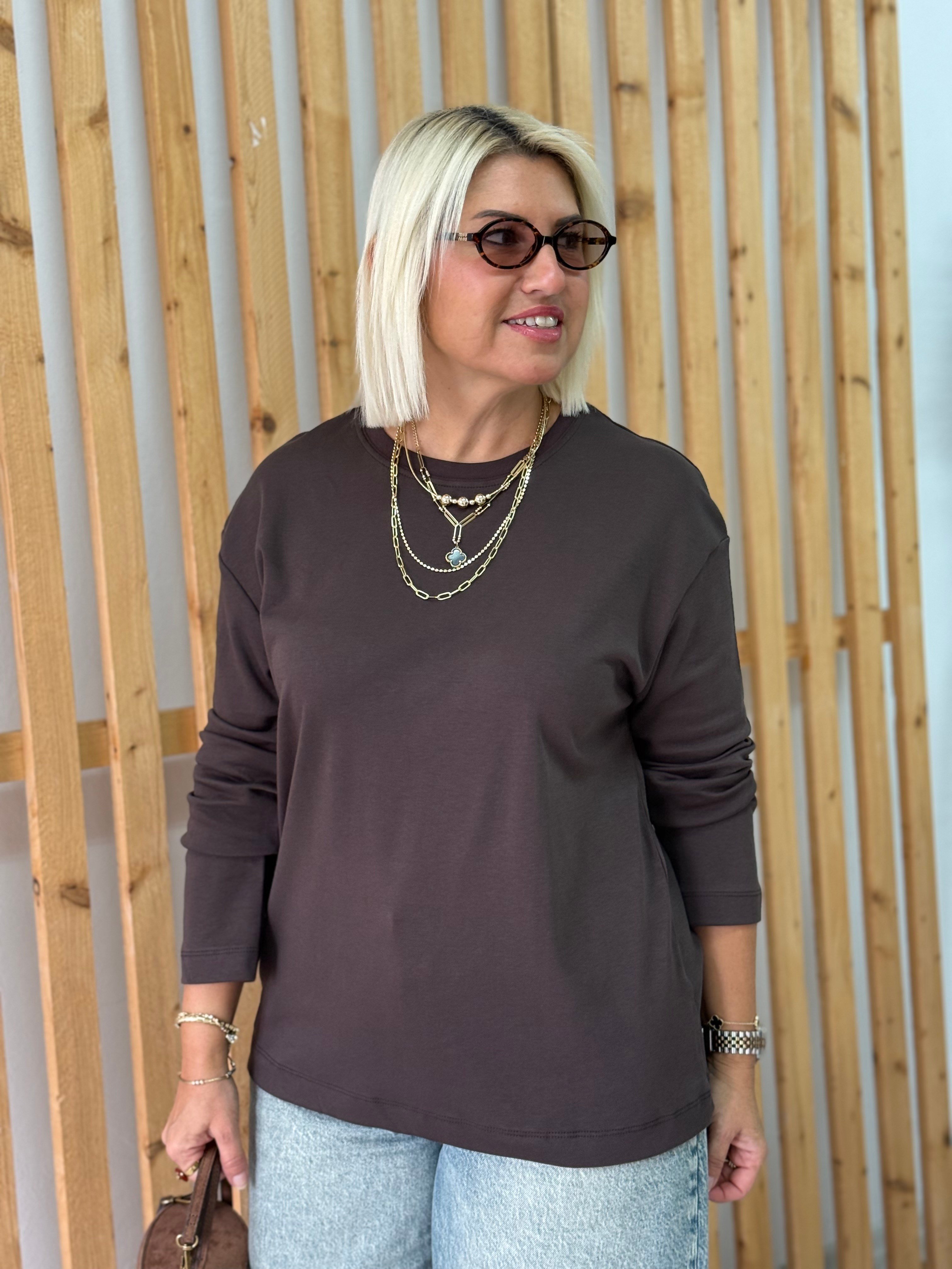 Bisiklet Yaka Uzun Kol  Basic TshirtTSH26001212-KAHVE-STD