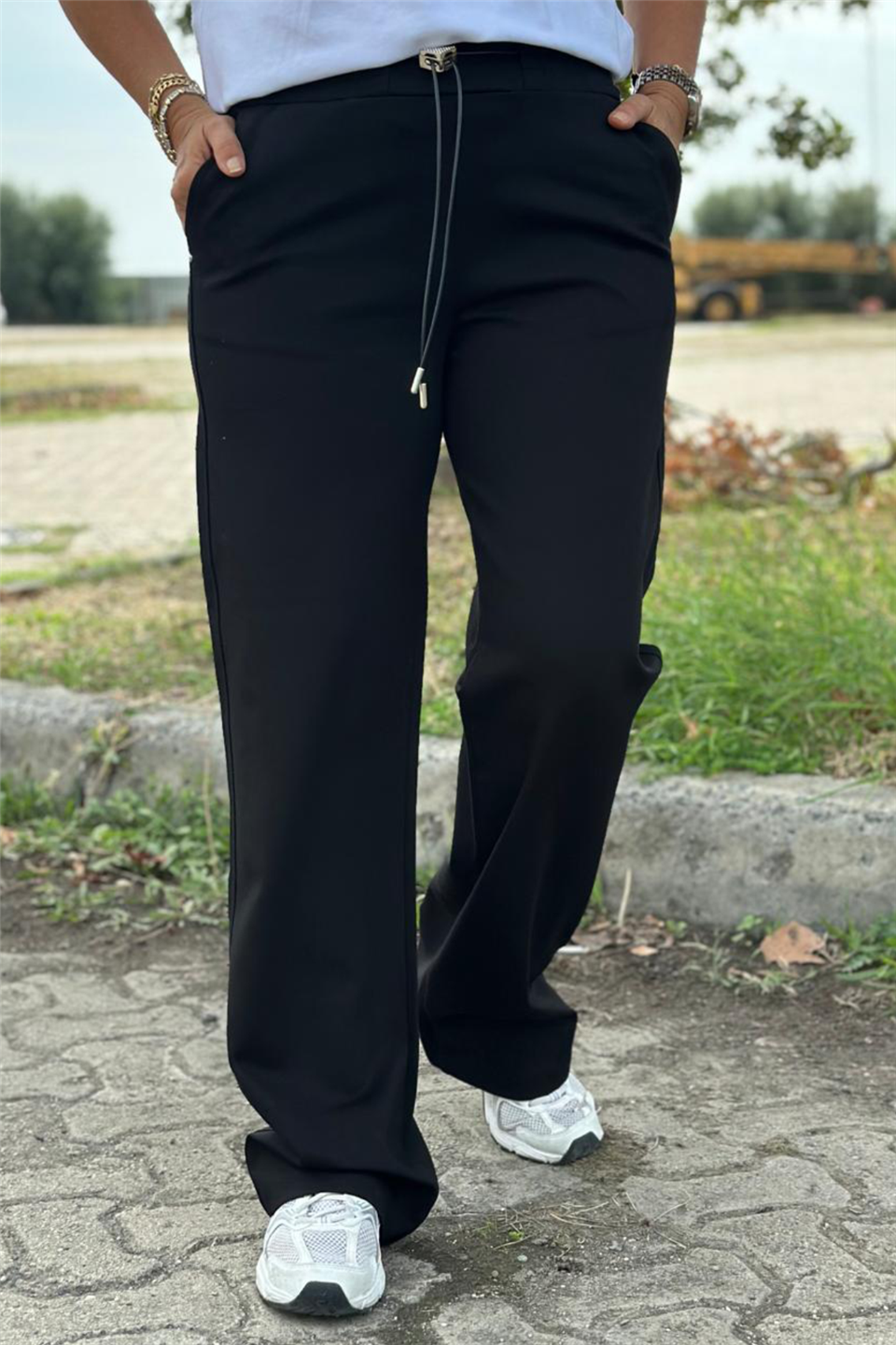 Bol Paça Beli Lastikli Çelik Örme Penye PantolonAK224054-SIYAH-M