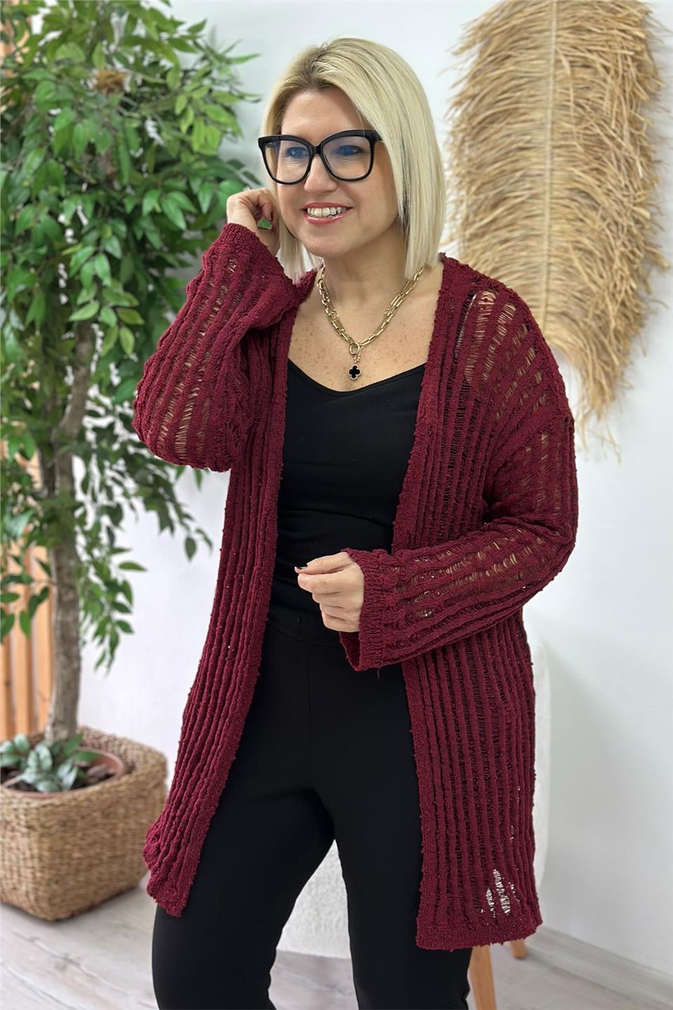 Bordo Ajurlu Uzun HırkaUH24110924-BORDO-STD