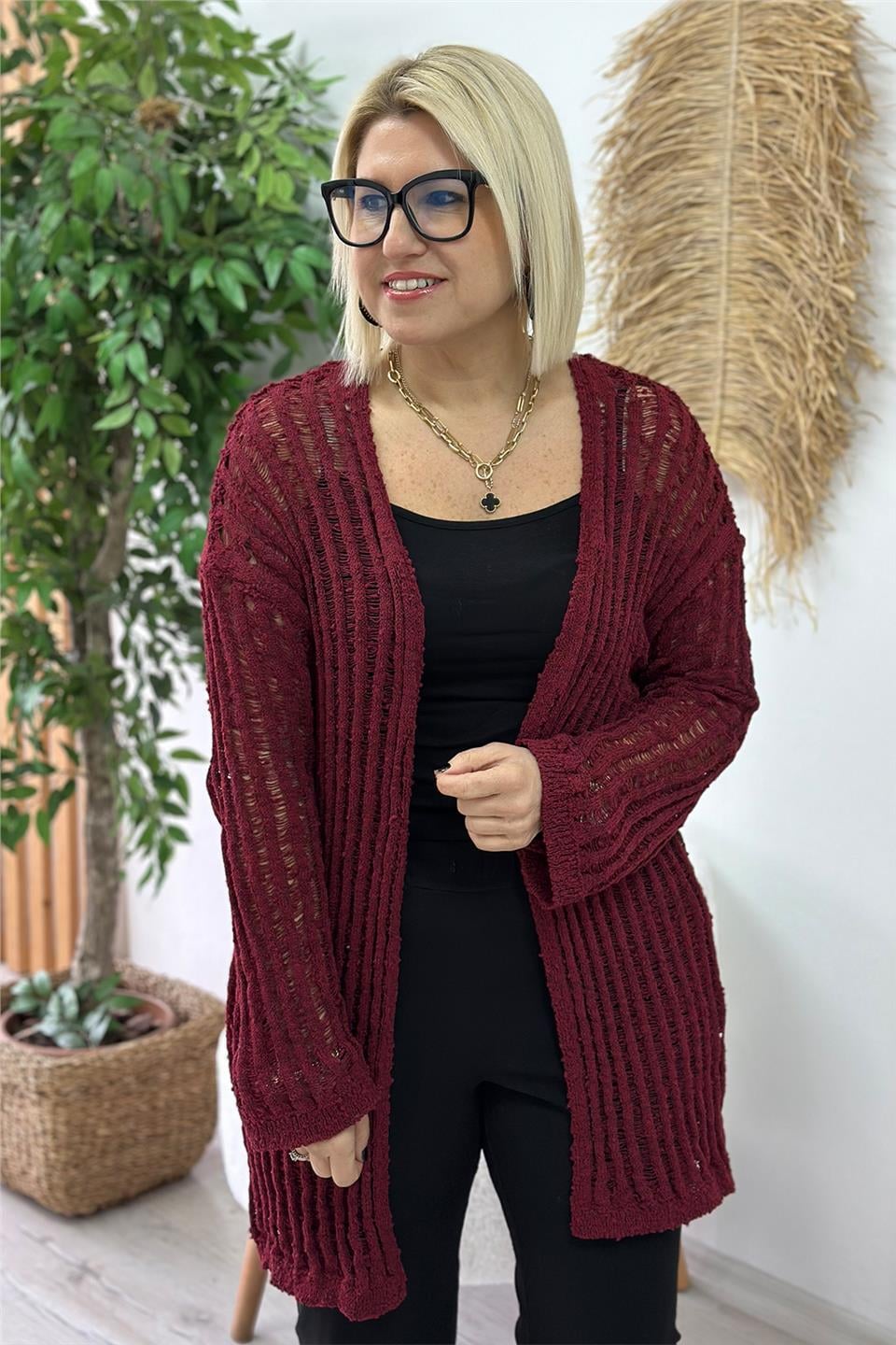 Bordo Ajurlu Uzun HırkaUH24110924-BORDO-STD