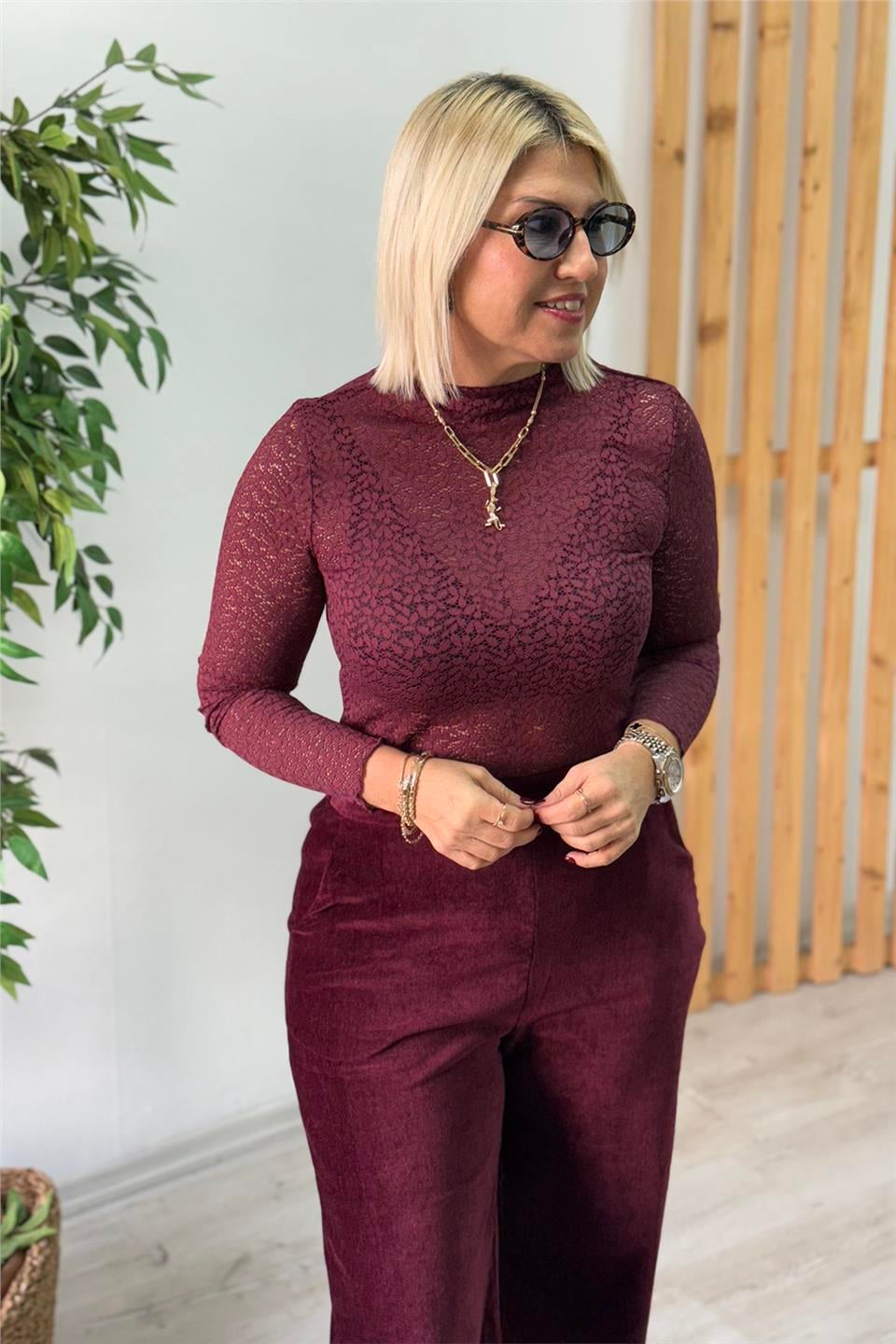 Bordo Balıkçı Yaka Dantel Transparan BadyBDY25001215-BORDO-XS