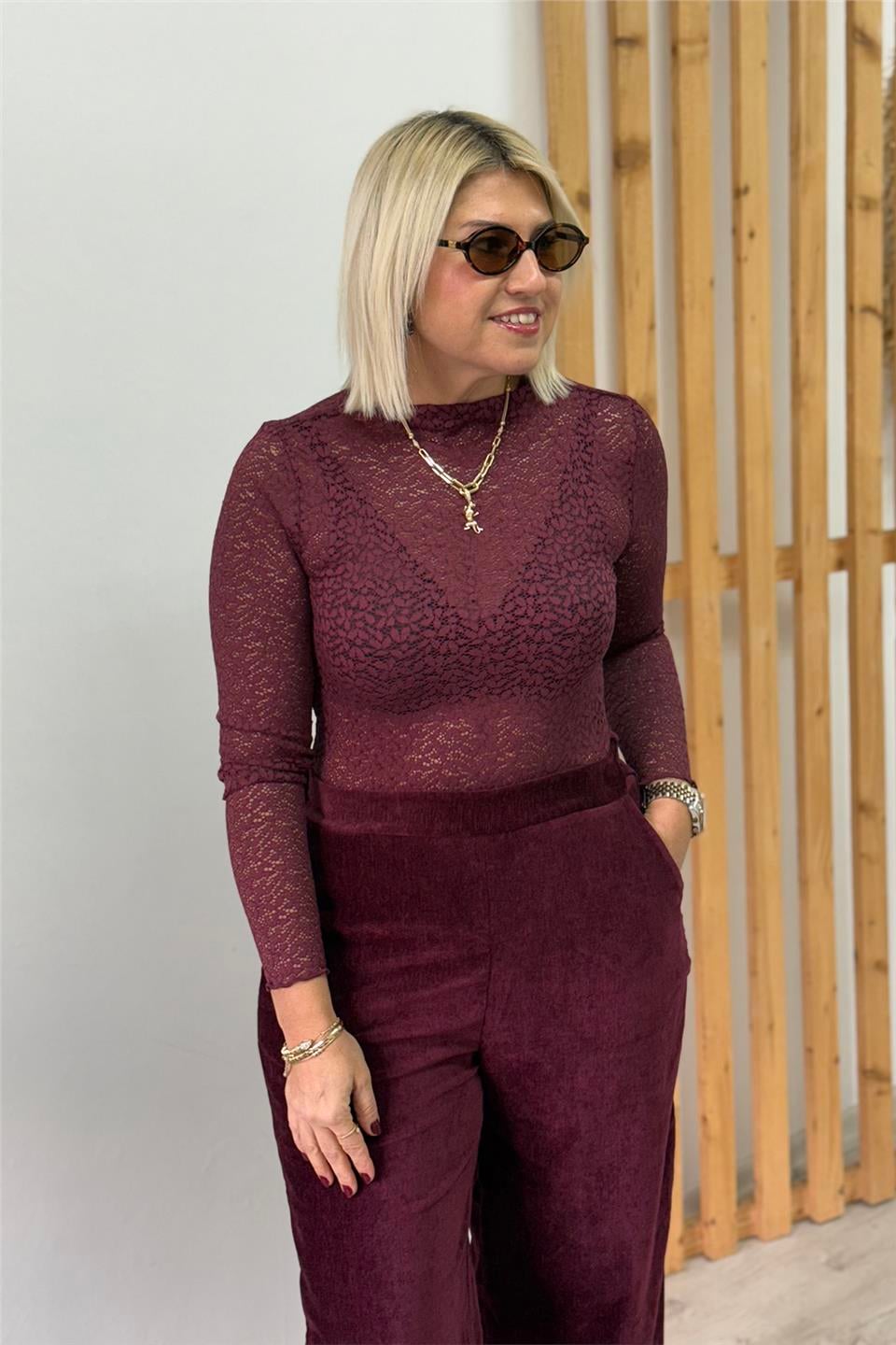 Bordo Balıkçı Yaka Dantel Transparan BadyBDY25001215-BORDO-XS