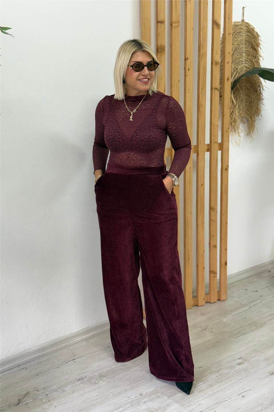 Bordo Balıkçı Yaka Dantel Transparan BadyBDY25001215-BORDO-XS