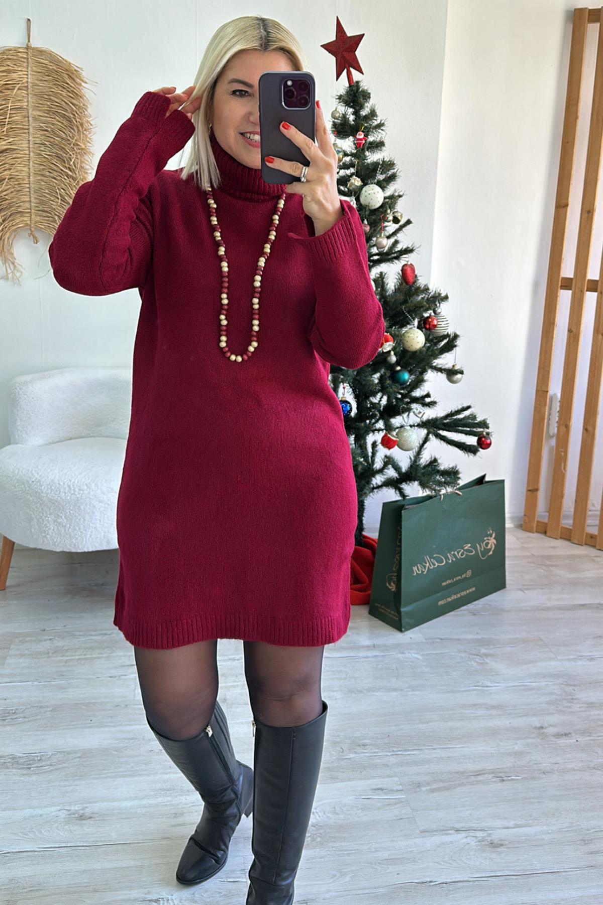 Bordo Balıkçı Yaka Kolyeli Triko ElbiseELB2401211-BORDO-STD